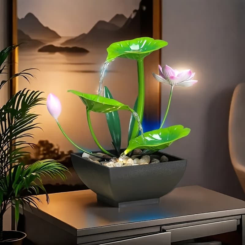 TEMU Miniature Tabletop Fountain With Floral And Led Lighting, Ideal For Home And Office Decor, Holiday Gifts