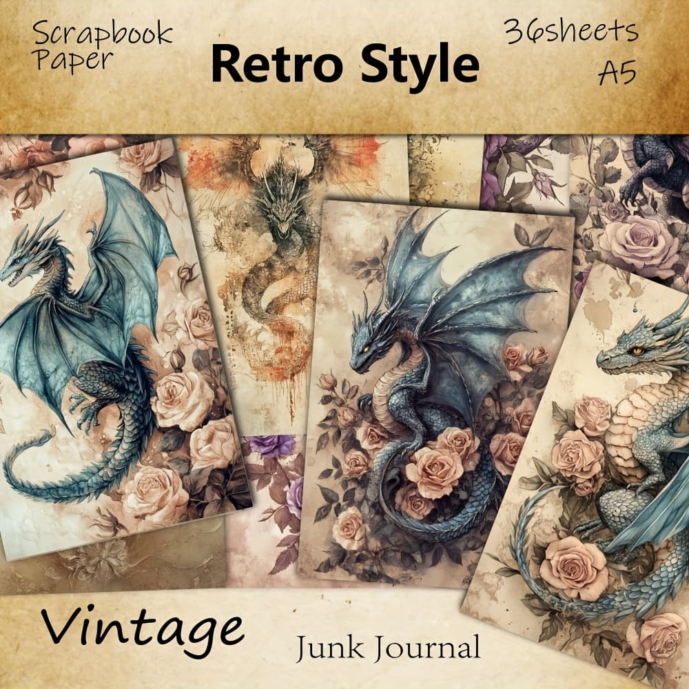 TEMU 36 Sheets A5 Vintage-style Journal Paper With A Primitive And Dilapidated Charm, Perfect For Decoration, Magazine And Craft Supplies-dragon Theme