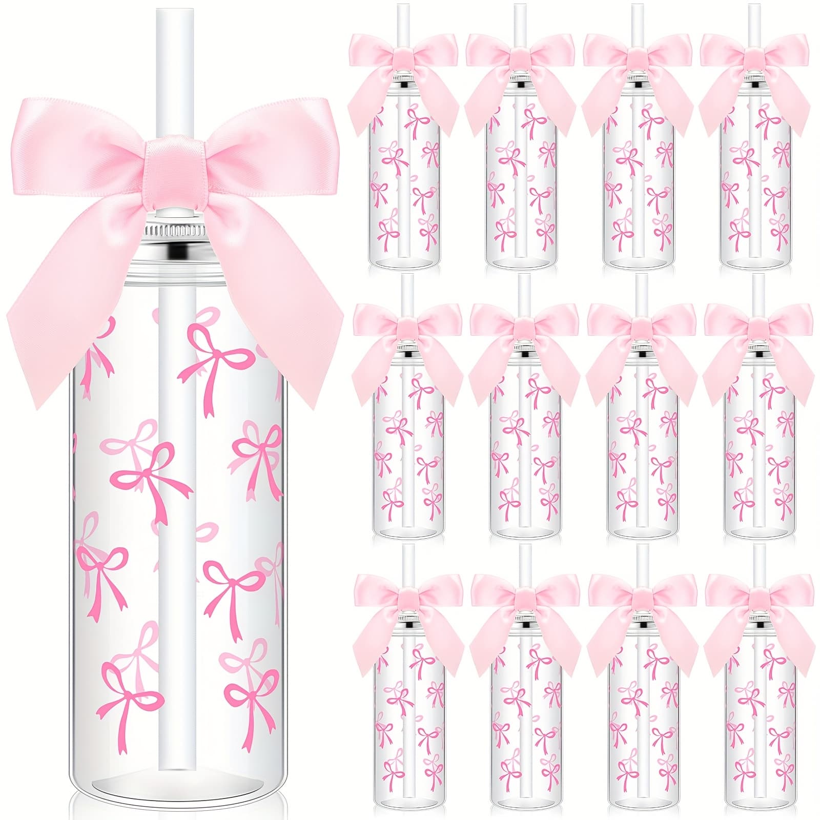 TEMU 12pcs 14oz Valentine Plastic Bottle With Straw Lid And Twist Bow Disposable Coquette Bottles Cute Inspired Retro Reusable Bottles For Birthday Women Drinkware(pink, Bow)