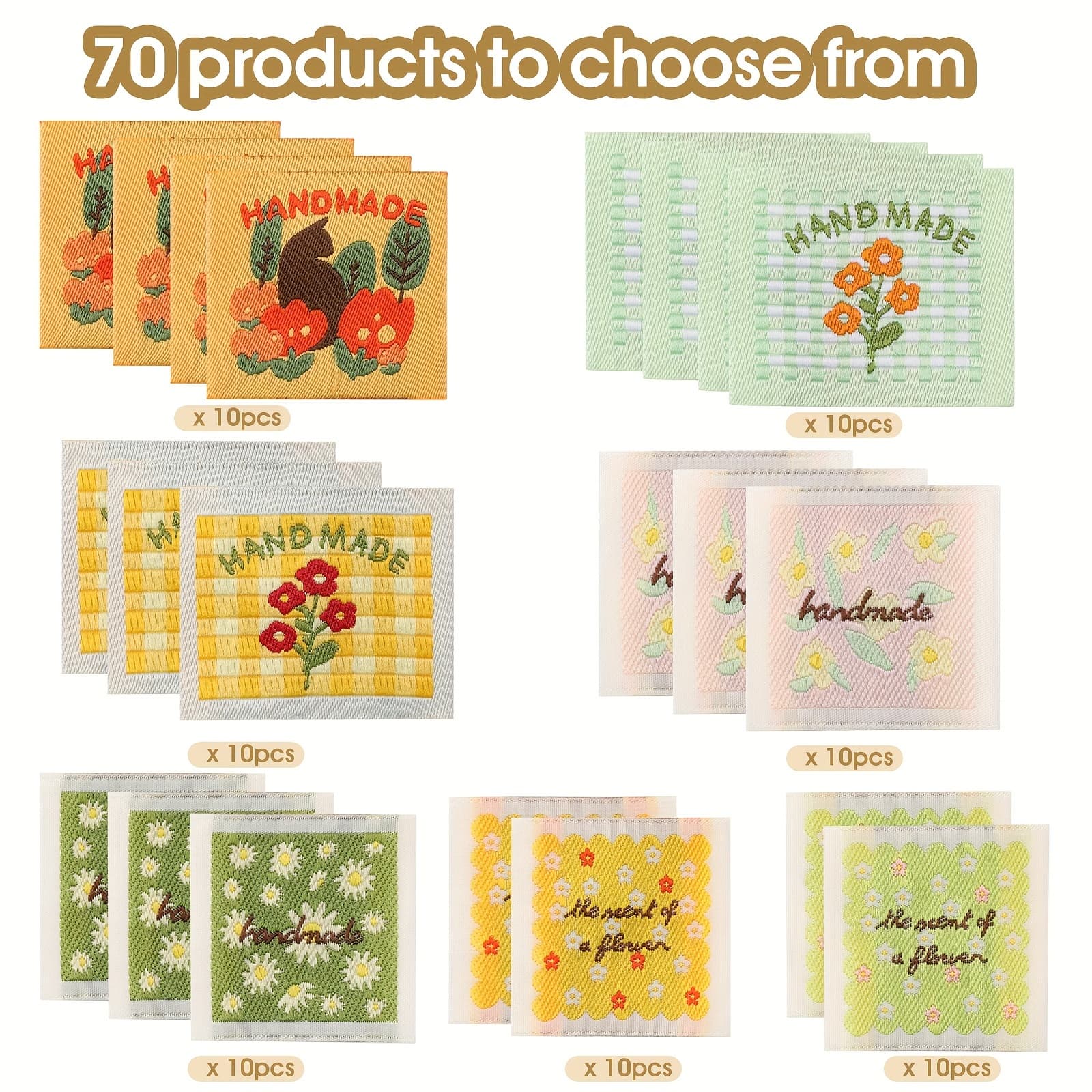 TEMU 70pcs Of Hand-stitched Square Tags Featuring Floral Designs, Perfect For Projects, Sewing Kits, Fabric Patches, Scarves, Bags, Socks, And More