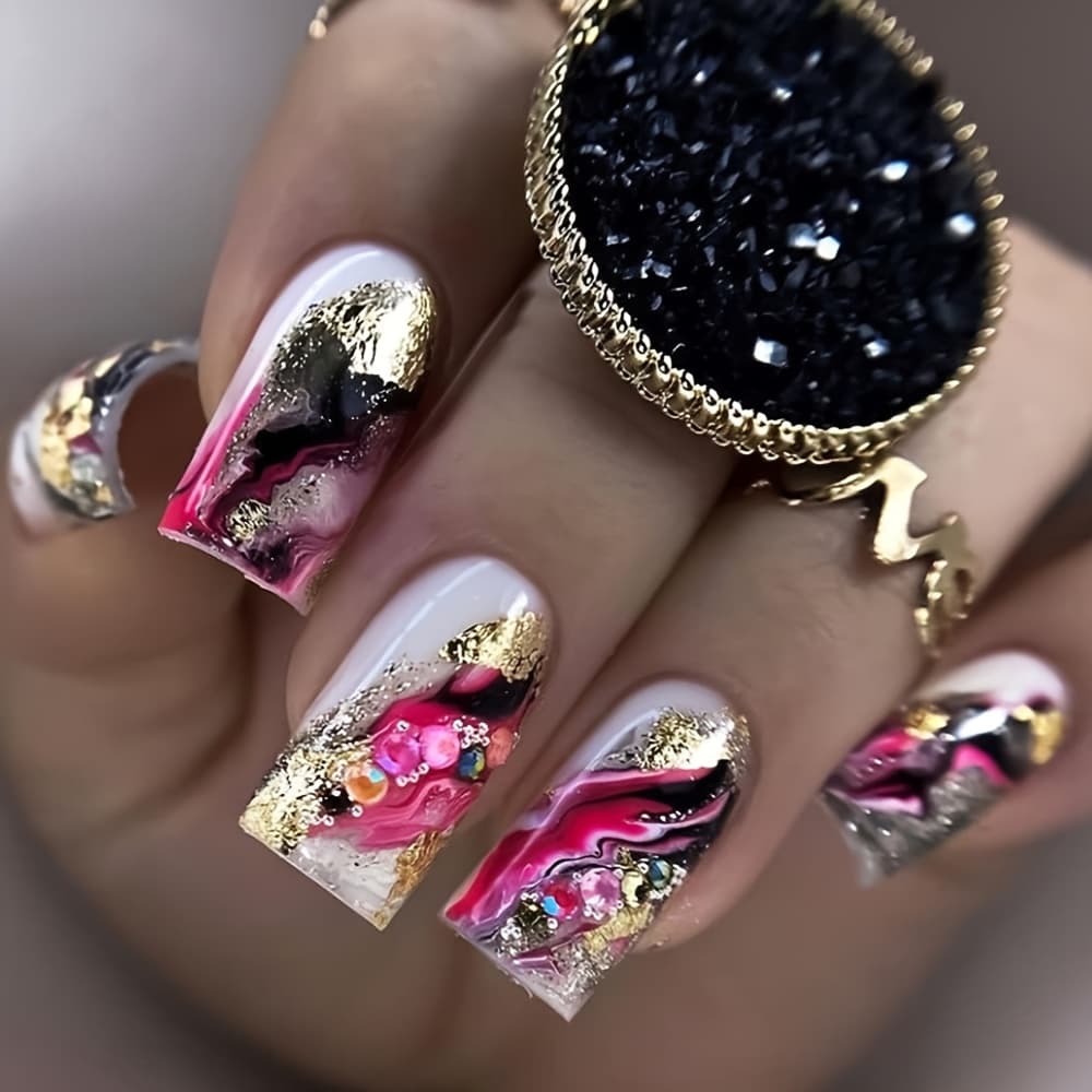TEMU 24pcs Medium Square Nails, Golden Powder Quicksand Sweet Cool Vignetting Wearing Nail Design, Glitter Detachable Fake Nails