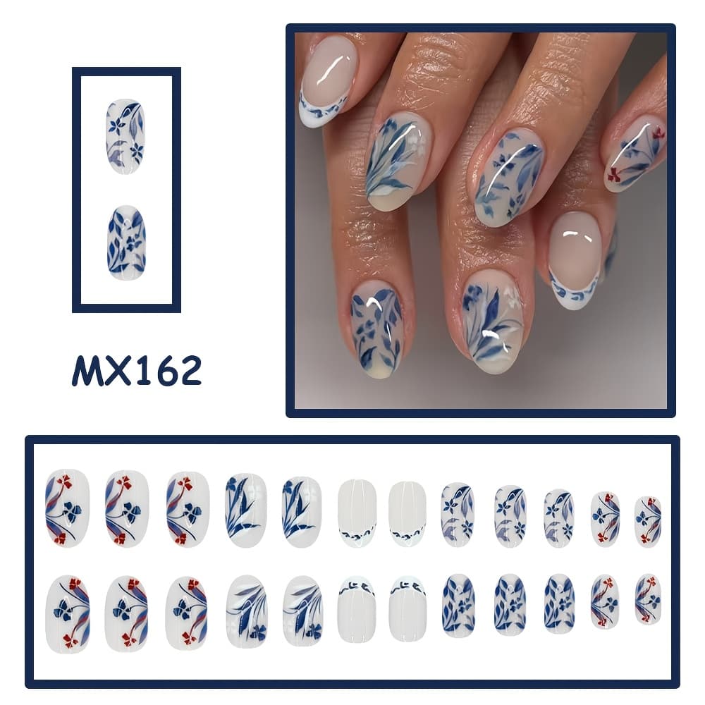 TEMU 24pcs Of Short, Elegant, And Press-on Nails In And Porcelain Colors, Suitable For Women's Everyday Wear