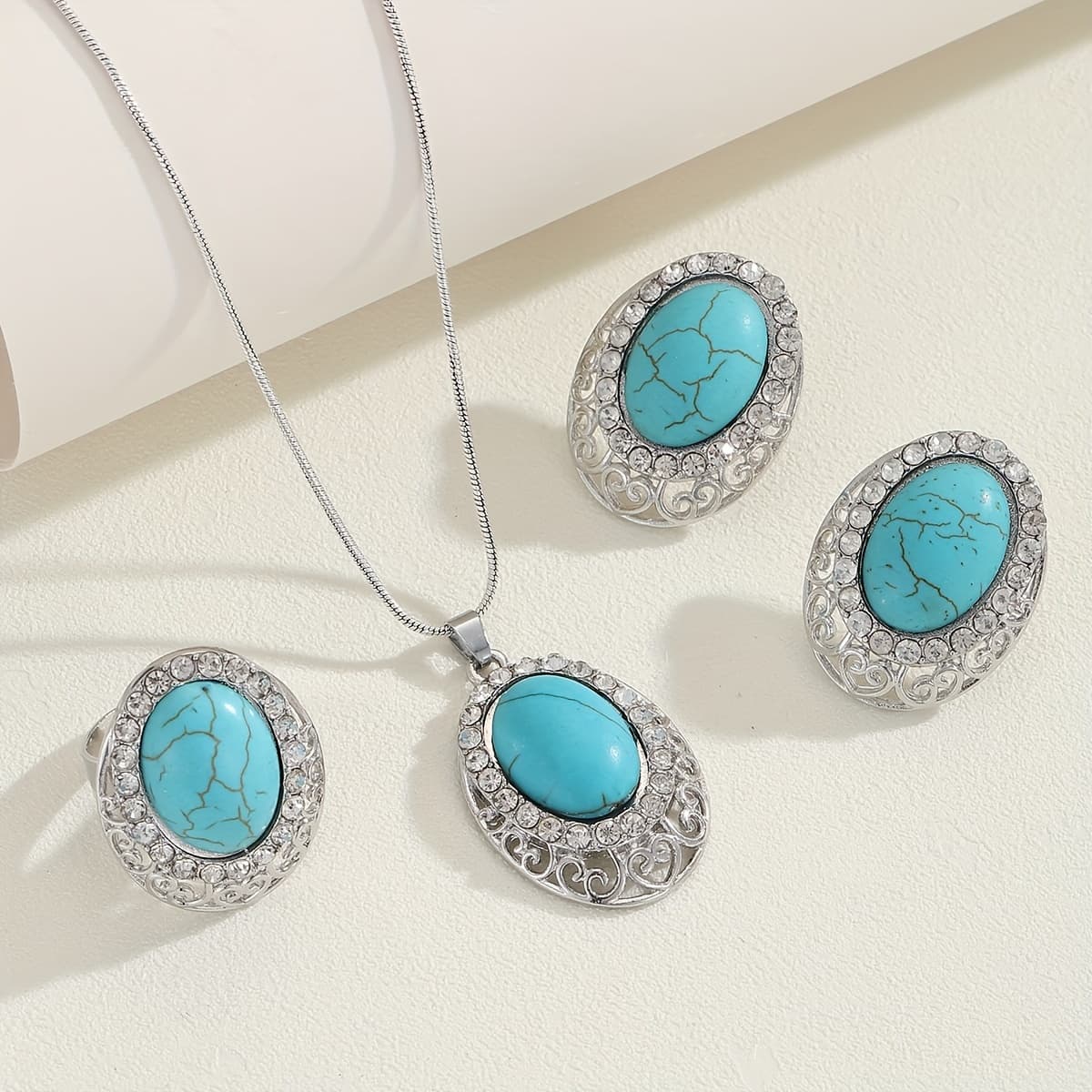 TEMU 3pcs Bohemian Turquoise For Women - Ring, Earrings & Necklace Suitable For Vacation, Festival, Wedding