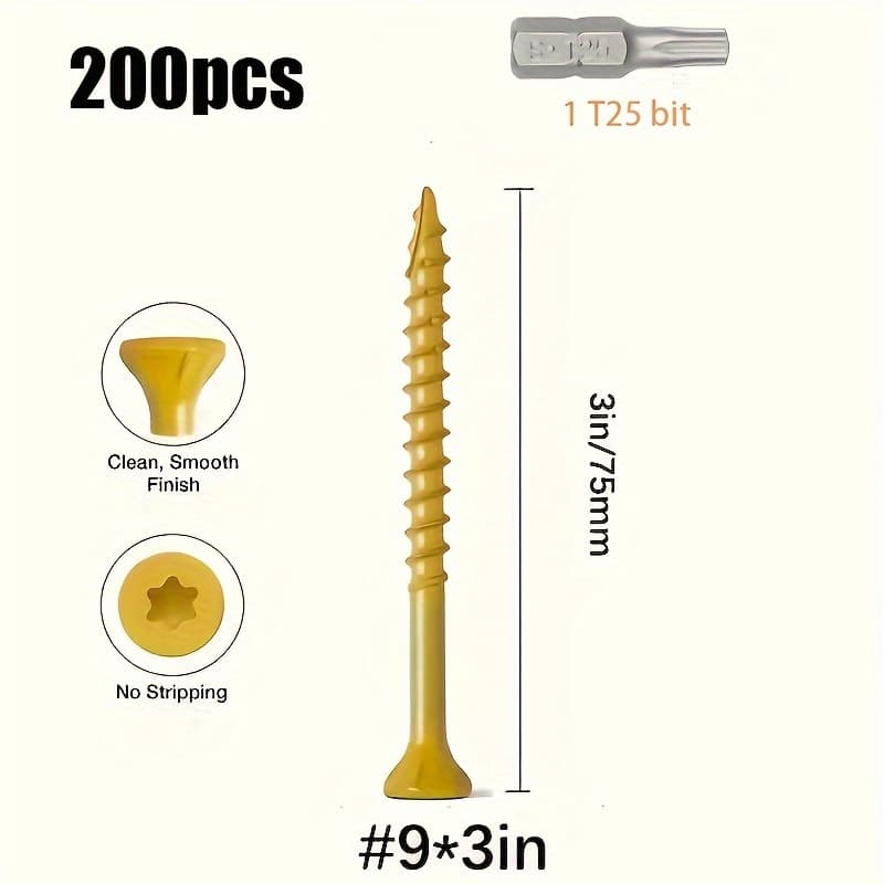 TEMU 100pcs/200pcs/300pcs Deck Wood Screws, Epoxy Coated Anti-rust Deck Screws, Yellow Coated Deck External Screws, Outdoor Anti-rust, With T25 Drill