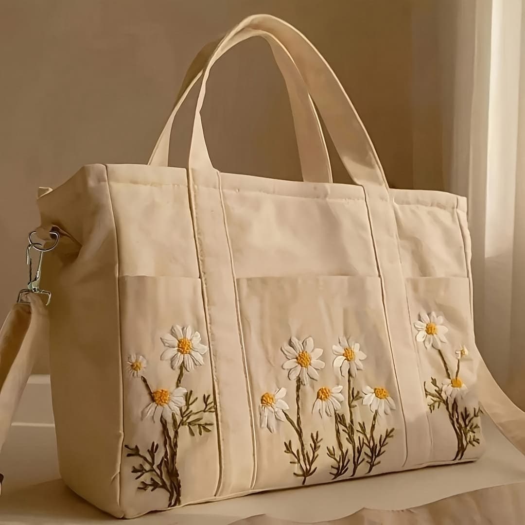 TEMU New Women's Crossbody Bag | Flower Daisy, Large Capacity Multi , Adjustable Shoulder Straps, Reinforced Stitching, Cream White, Daily Handbag | Material