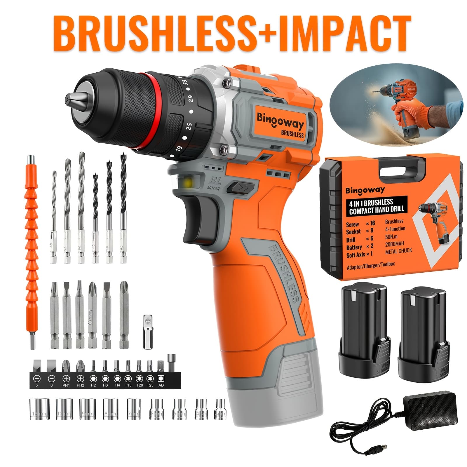 TEMU 50n.m Brushless Drill Set, 4-function Electric Drill With 16 Screws, 9 Sockets, 6 Drill And Impact Gun, 2x2000mah Battery, Variable Speed, Torque Adjustment, Metal , For Daily , Furniture