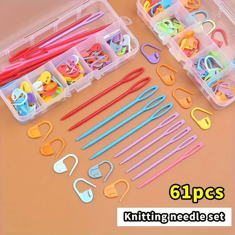 TEMU 61pcs Crochet And Knitting Accessories Tool Set - Multicolor Splicing Markers, Plastic Sewing Needles For Weaving, Sewing, And Needlework Diy Crafts Includes Multiple Storage Boxes