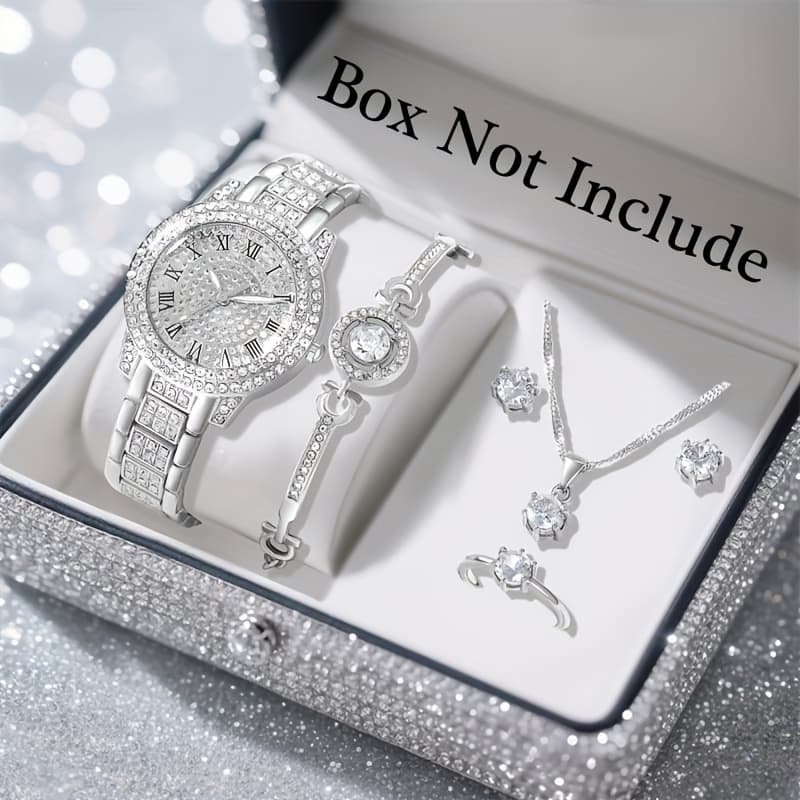 TEMU 6pcs Elegant Women's Watch And Jewelry Set, Featuring Silvery- Earrings, Rings, Necklaces, And Bracelets, Along With A Dial Quartz Watch Set