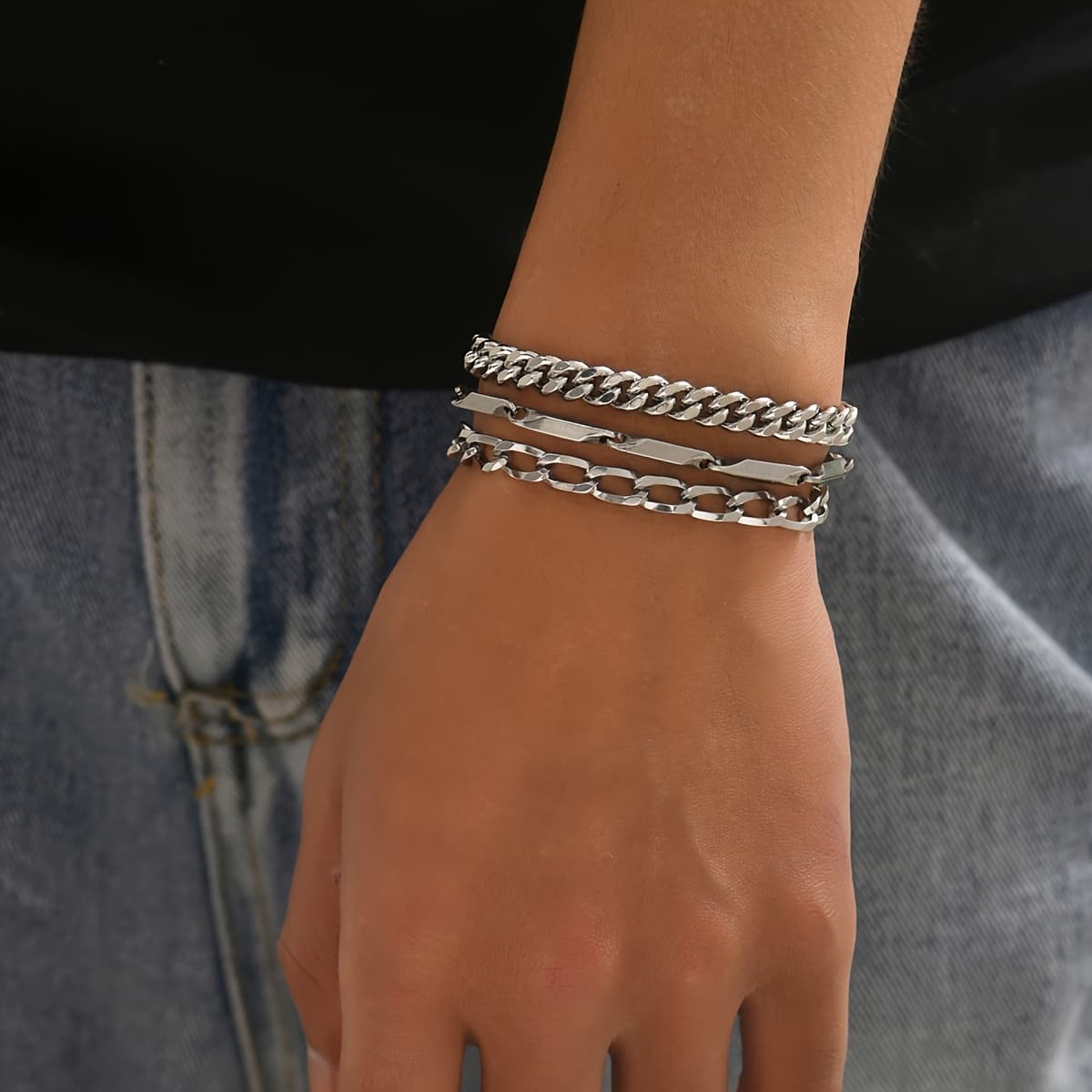 TEMU Set Of 3 Stylish -shaped 316l 316l Stainless Steel Bracelets, Versatile Titanium 316l 316l Stainless Steel Bracelet With Hip-, Use By Men, Ideal Gift For Father's Day And Valentine's Day
