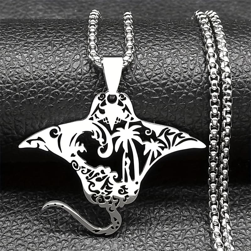 TEMU Hollow Ray Fish Necklace For Women Men Stainless Steel Golden Color Coconut Tree Tropical Marine Scenery Jewelry
