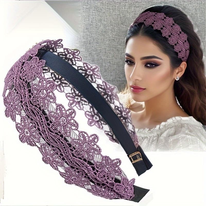 TEMU Elegant Lace Floral Headband For Women - Wide, Non-slip Hair Accessory With Teeth, Vintage Style Solid Color