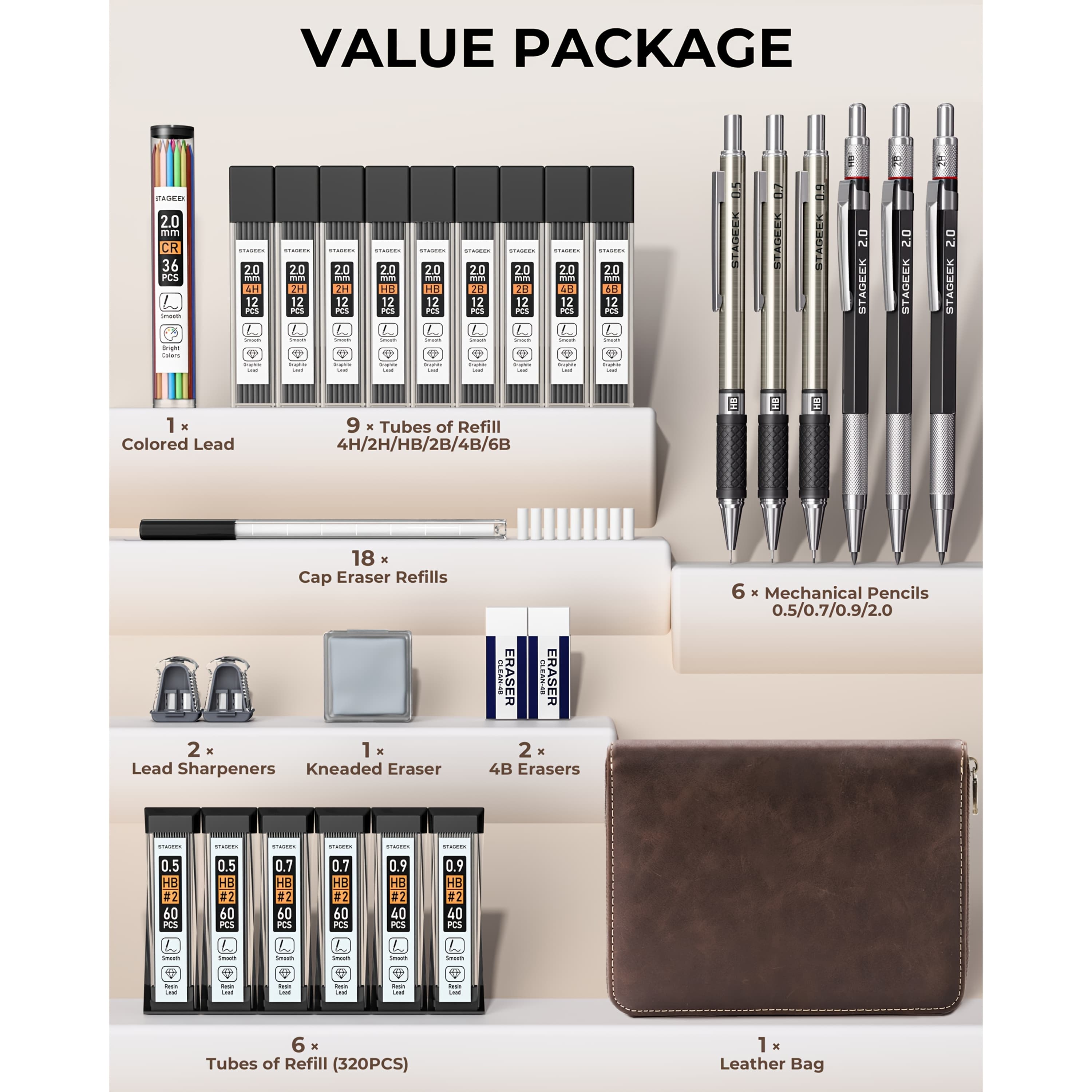 TEMU 30pcs Art Mechanical Pencil Set With Leather Bag, Metal Artist Lead Pencil 0.5, 0.7, 0., 2mm Lead Holders (4h 2h Hb 2b 4b 6b Color) With 464pcs Graphite Lead Refills For Drawing Sketching