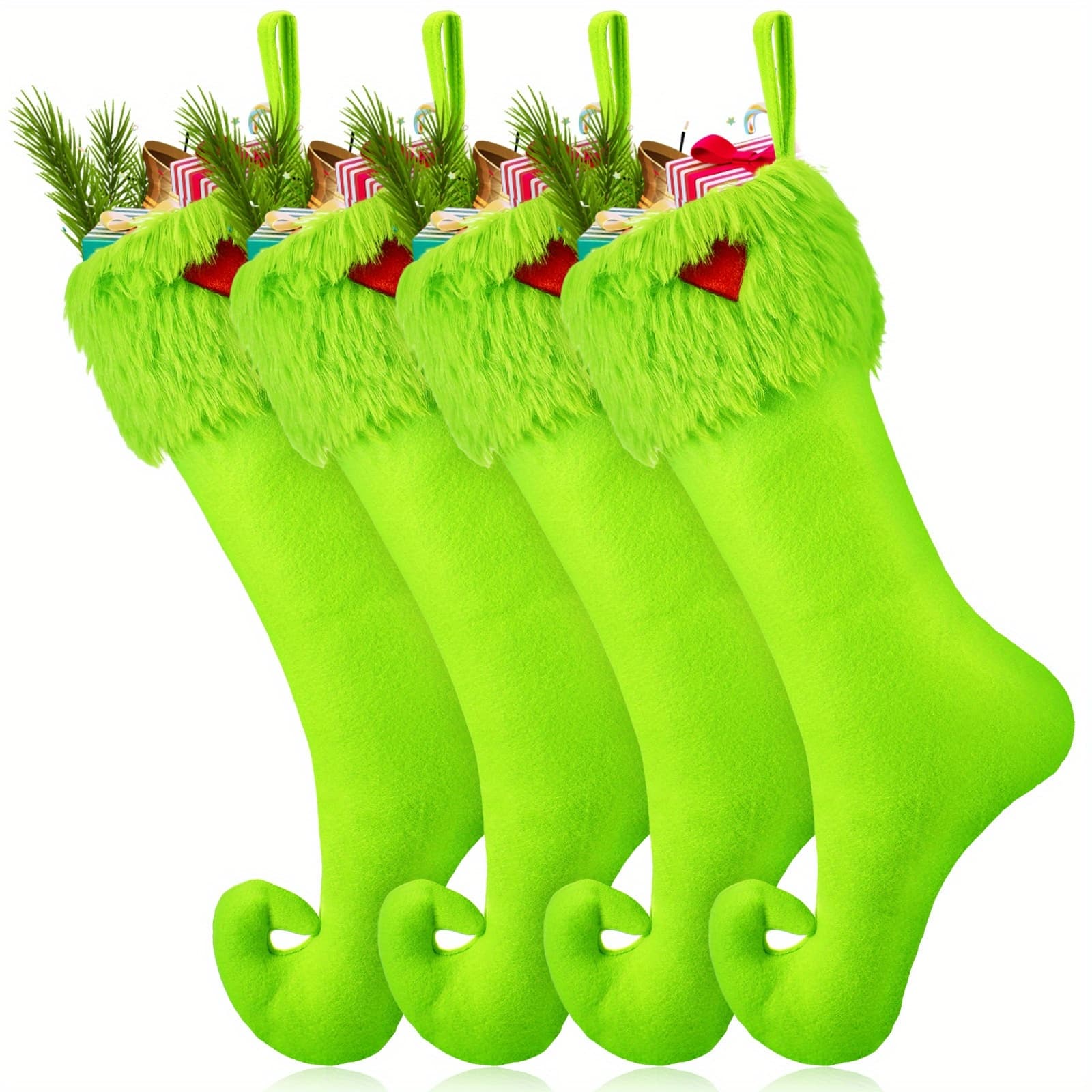 TEMU 4 Extra-long 19-inch Neon Green Christmas Stockings With Ring Hanging Decorations, Featuring And Green Striped Cuffs And White Decorative Fireplace Mantelpiece Christmas Tree Decorations