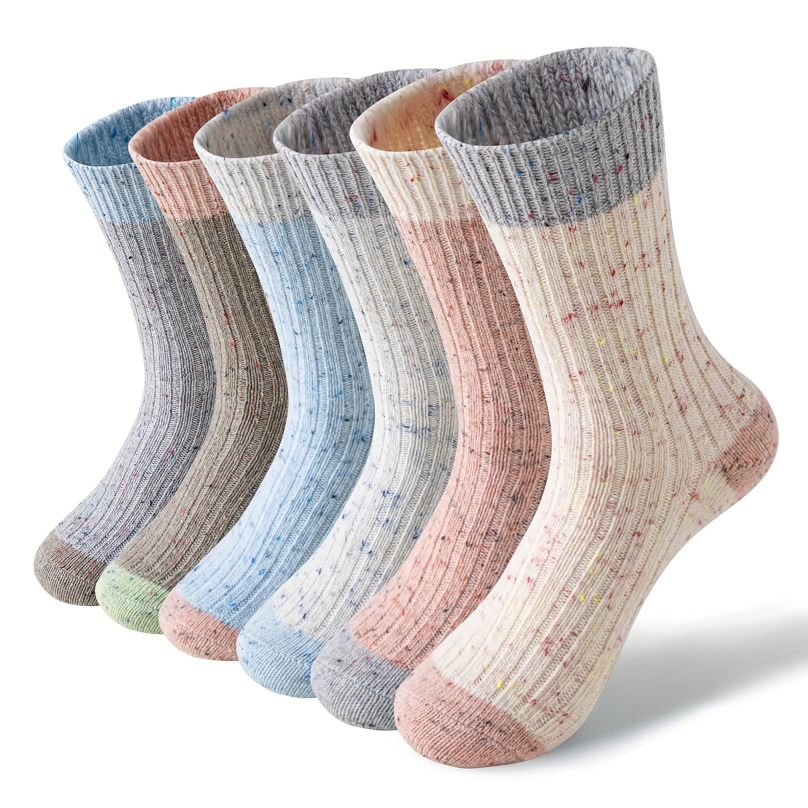 TEMU 6 Pairs Merino Wool Cute Striped Women Socks, Crew Long Fashion Socks, Color Striped Pile Socks Hiking Warm Winter Thick Thermal Crew Ladies Gift Comfy Boot Work Socks