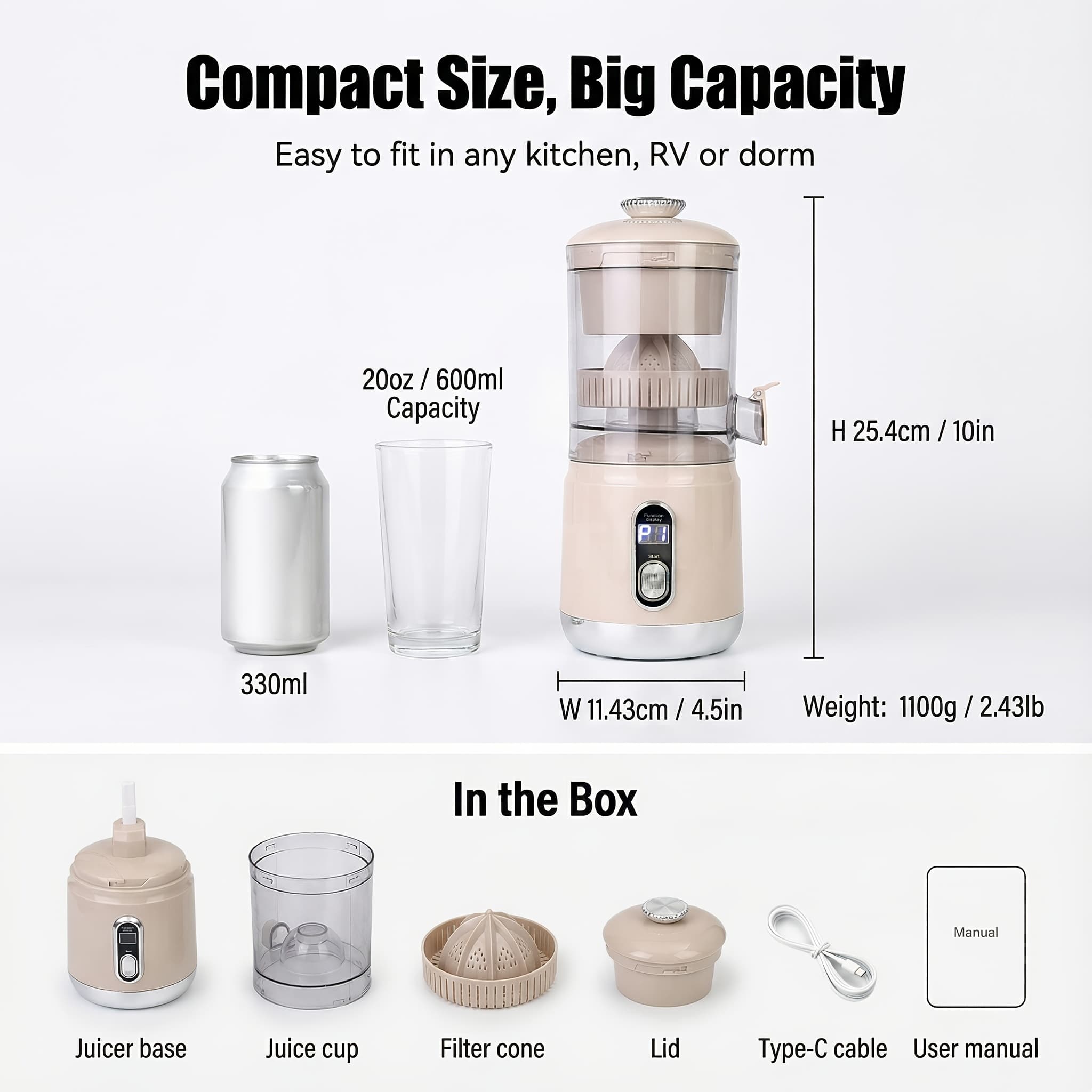 TEMU Portable Citrus Juicer 20oz, Usb Rechargeable Automatic Juicing Cup With Digital Display And 3-speed , Compact Easy-clean Squeezer For Home, Office And Travel, Control, White