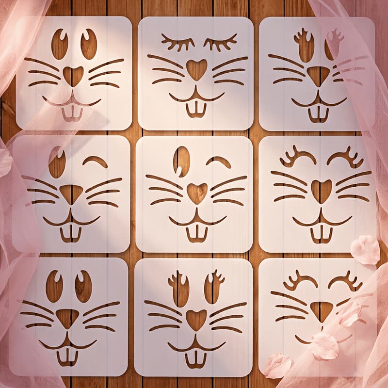 TEMU Set Of 9 Bunny Face Stencils For Painting, Easter Diy Craft Templates, Reusable Rabbit Animal Cutouts Forscrapbooking, Home Wall Art, Furniture Decor, Spring Crafts