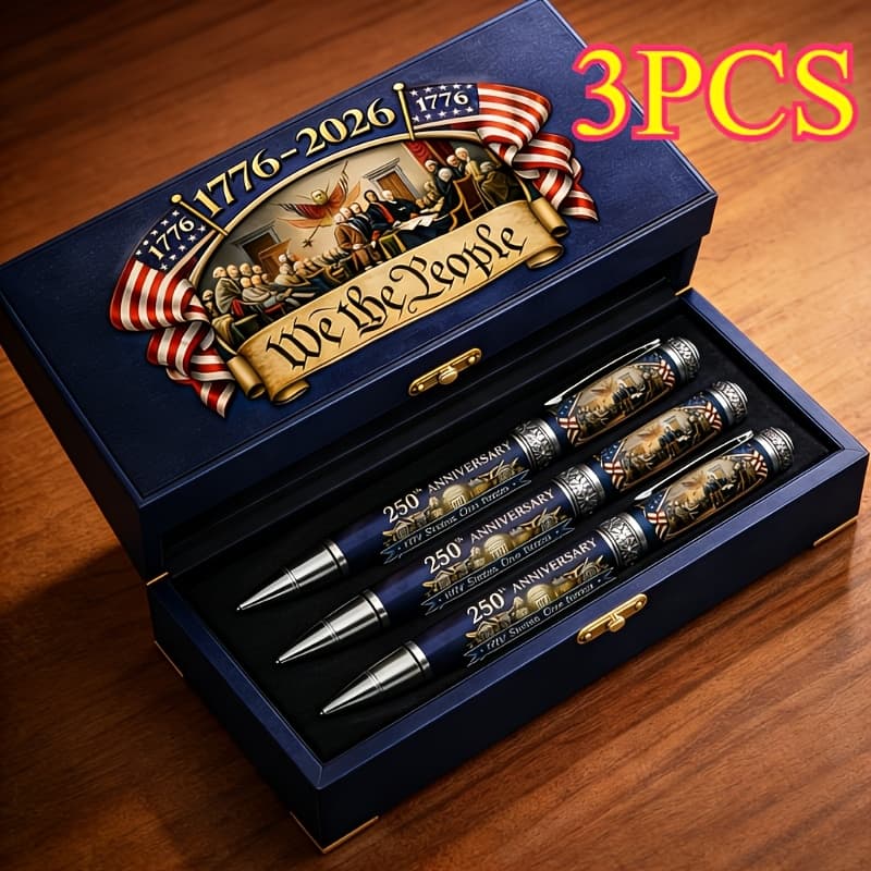 TEMU 3pcs Set 2026 250th Anniversary Liquid Ink Rollerball Pen 1776-2026 Day Calligraphy Pen Pen Exquisite Gift Box Set Business Gift History Collection Office Writing Pen