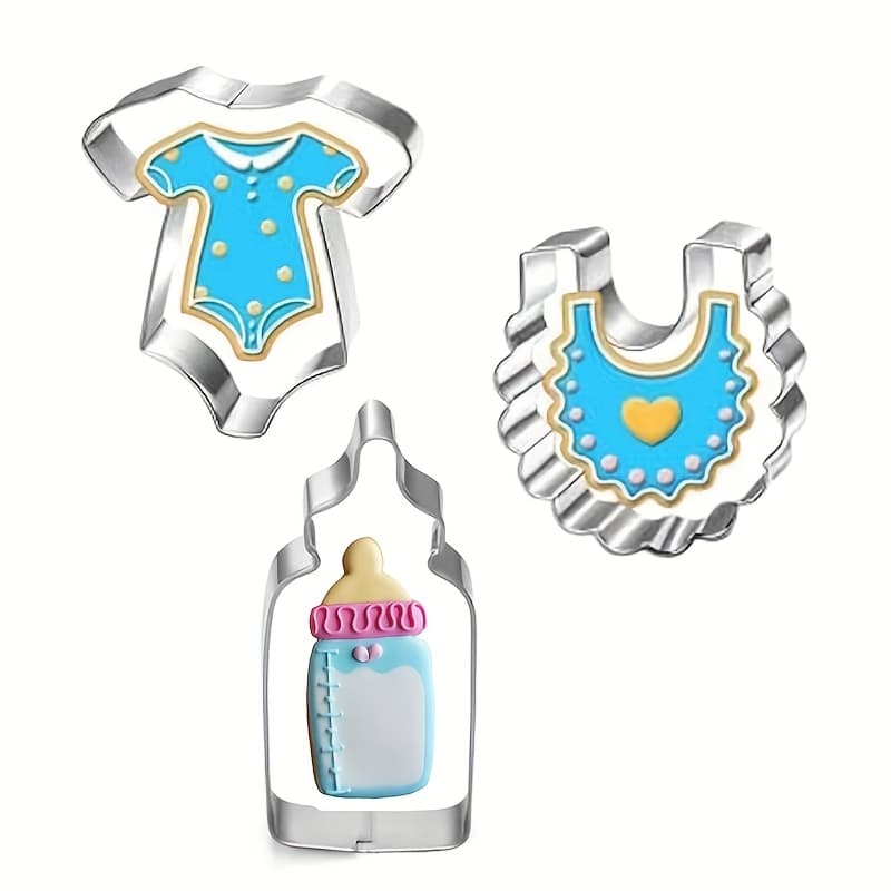 TEMU 3pcs Stainless Steel Cookie Mold Set - Baby Bottle, Bodysuit, And Bib Shapes For Diy Baking And Pastry Making