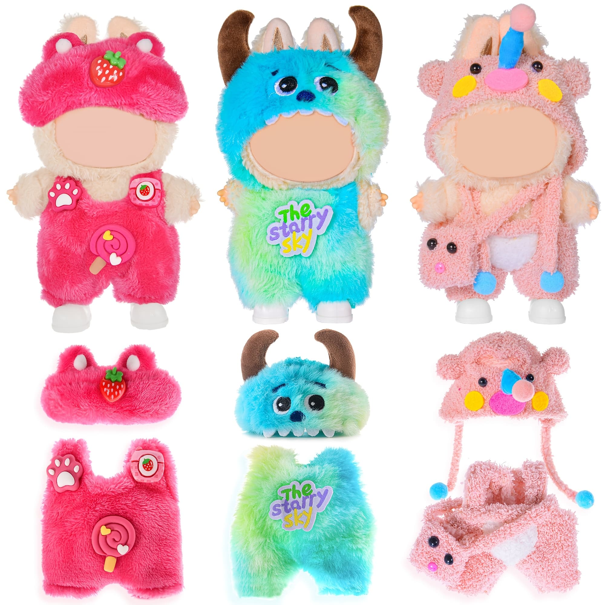 TEMU 3 Sets Of Adorable Plush Animal Doll Clothes | Suitable For Dolls Around 17cm, Christmas Gifts, Toys For Children Aged 3+, Polyester Fiber, Mixed Colors By Ebuddy For Labubu