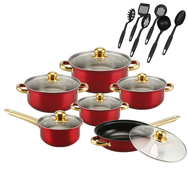 TEMU 18pcs Scratch Proof Stainless Steel Cookware Set - Ergonomic Gold-plated Handles, Heat Resistant Easy Clean, Ideal For Home Catering Camping & Gift For Cooking Lovers