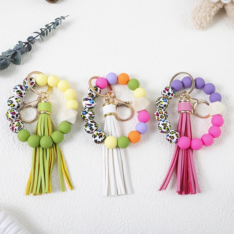 TEMU 2-3pcs/set Leopard-print Colored Beaded Wrist Key Ring, Anti-lost Car Keychain, With Tassel Charm, Backpack Accessory, Pendant, Perfect Gift For , Mothers, And Festivals