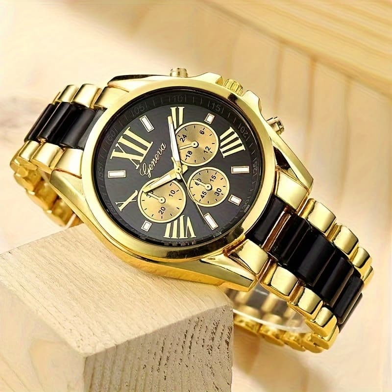 TEMU Toop Men's Luxury Retro Golden-tone Stainless Steel Quartz Watch With Skeleton Dial & Roman , Textured Band - Non-high Quality Classic Round Case For Casual & Formal Wear