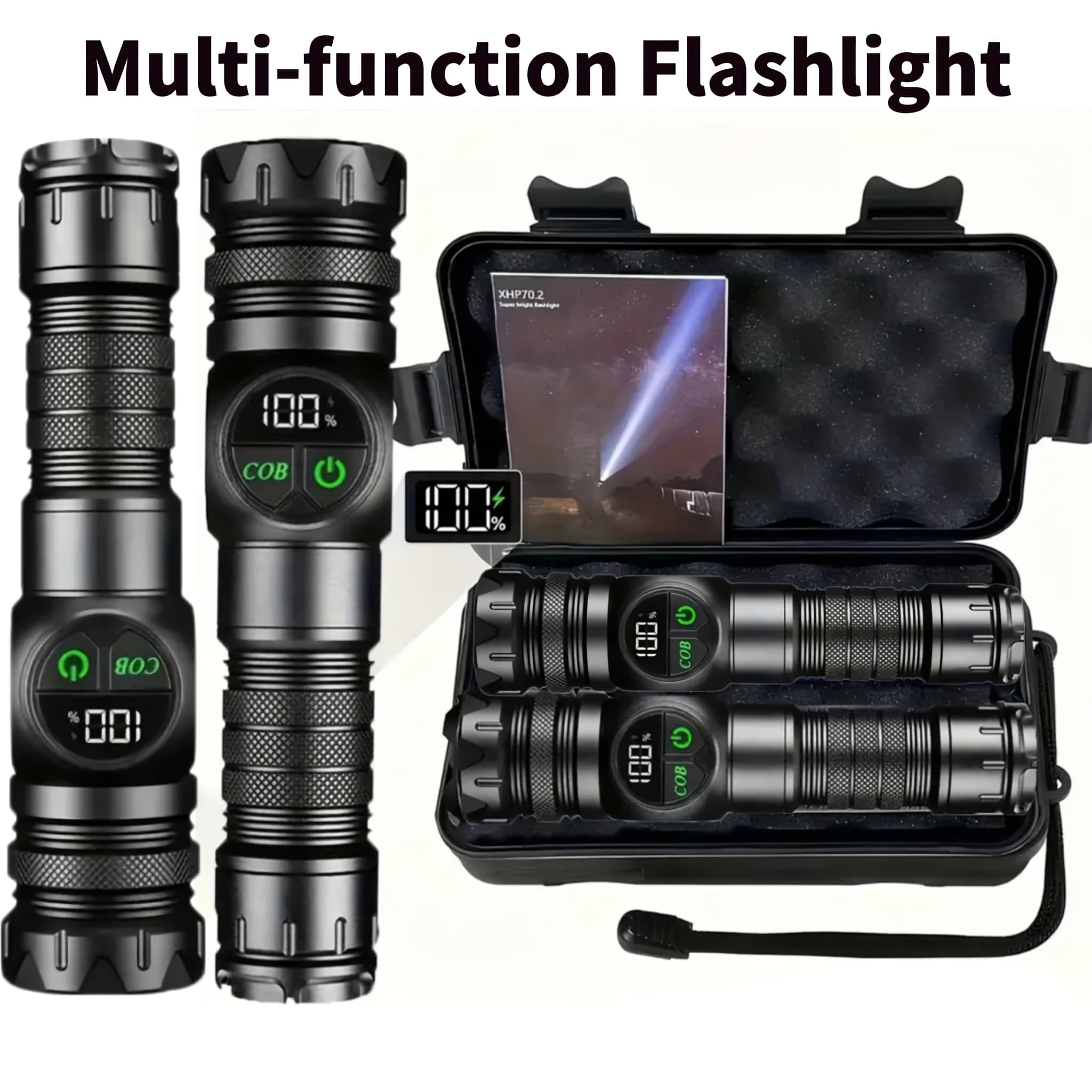 TEMU 2/ 1pc Rechargeable Flashlight With 5 - Cob Led Tactical Light, Digital Display, Usb Charging, Durable Abs For Camping, Hiking, Emergencies, Flashlight Rechargeable