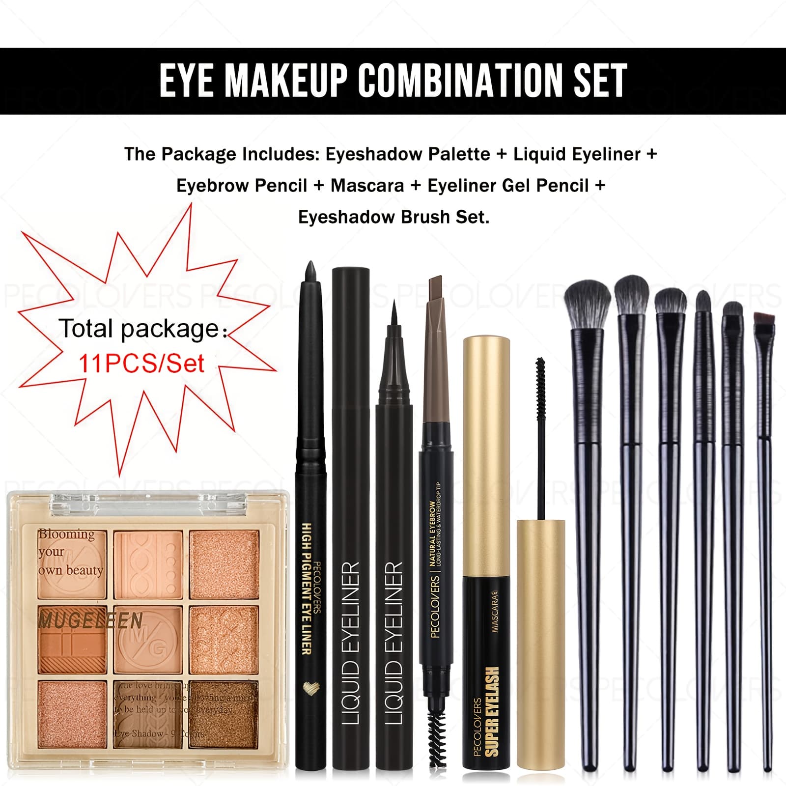 TEMU 11pcs Set Including A Shimmering 9-color Eyeshadow Palette, Eyeshadow Brush, Eyebrow Pencil, Liquid Eyeliner, Mascara, And Gel Eyeliner Pen