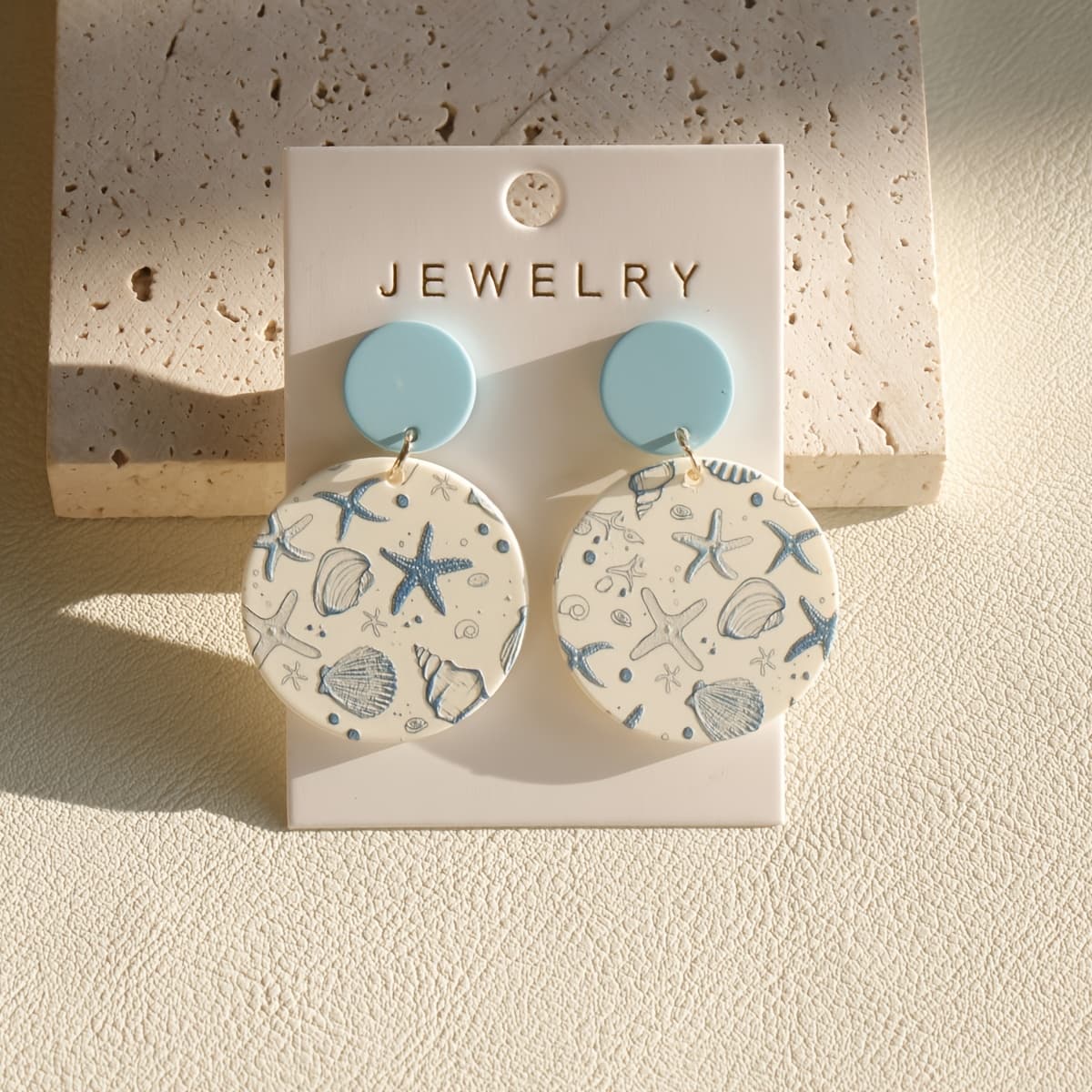 TEMU 1 Pair Women’s Blue Starfish Print Acrylic Drop Earrings – Round -, Casual Attire, Parties, And Summer Vacations, Party Accessories | Vintage Style | Lightweight Jewelry