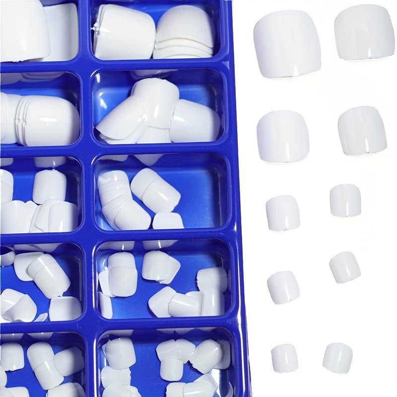 TEMU 72pcs White False Toenails Set In Blue Box, Full Cover Artificial Toe Nail Tips For Diy Nail Art