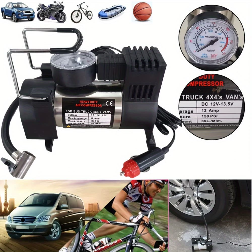 TEMU Vehicle Air Pump, Suitable For Single-cylinder 150psi 12v Portable Tire Inflator For Cars, Trucks, Buses, Bicycles And Other Vehicles, Battery-free