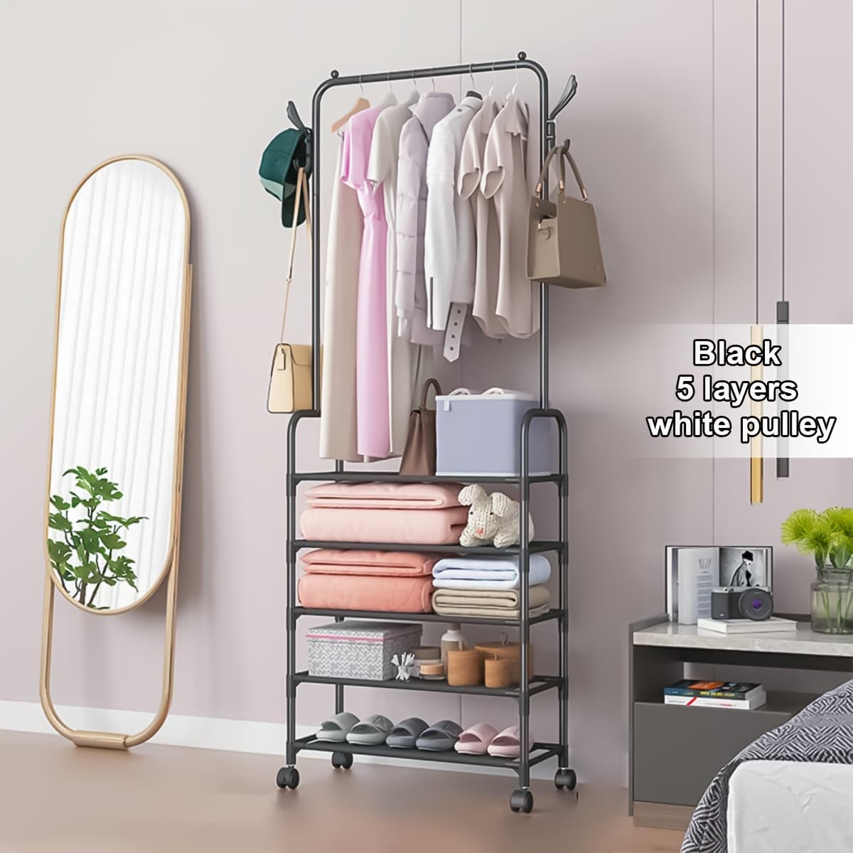 TEMU 4/5 Tier Rolling Clothes Rack, Black Coat Rack, Portable Garment Rack With Wheel, Metal Hanger With Storage Rack For Clothes, Shoes, Hats And Bags