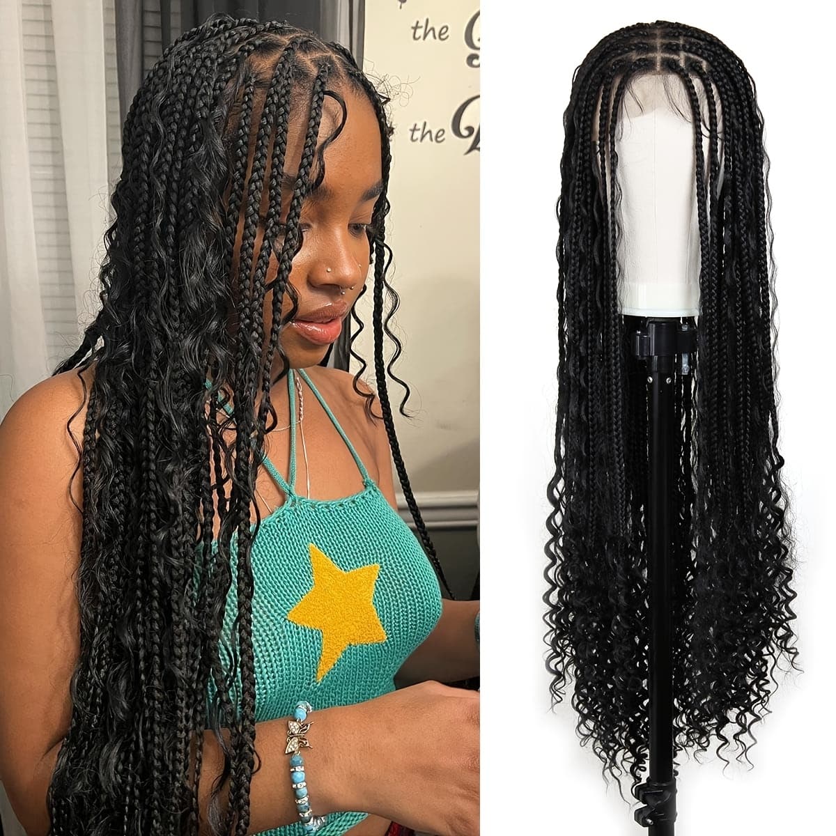 TEMU Bohemian Woven Wig Bohemian Braided Wig Knotless Goddess Braided Wig With Double Full Lace Square Artificial Woven Wig With Suitable For Women Natural Black