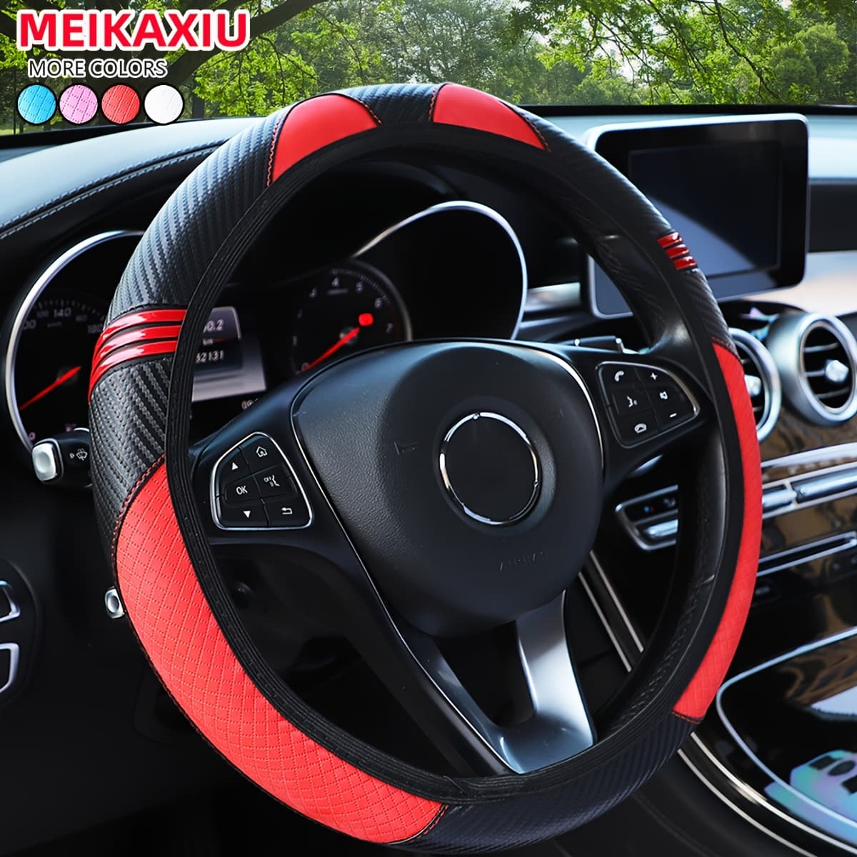 TEMU Pu Leather Carbon Fiber Cute Cartoon Fashion Steering Wheel Cover Without , Suitable For 37-38cm Car Accessories