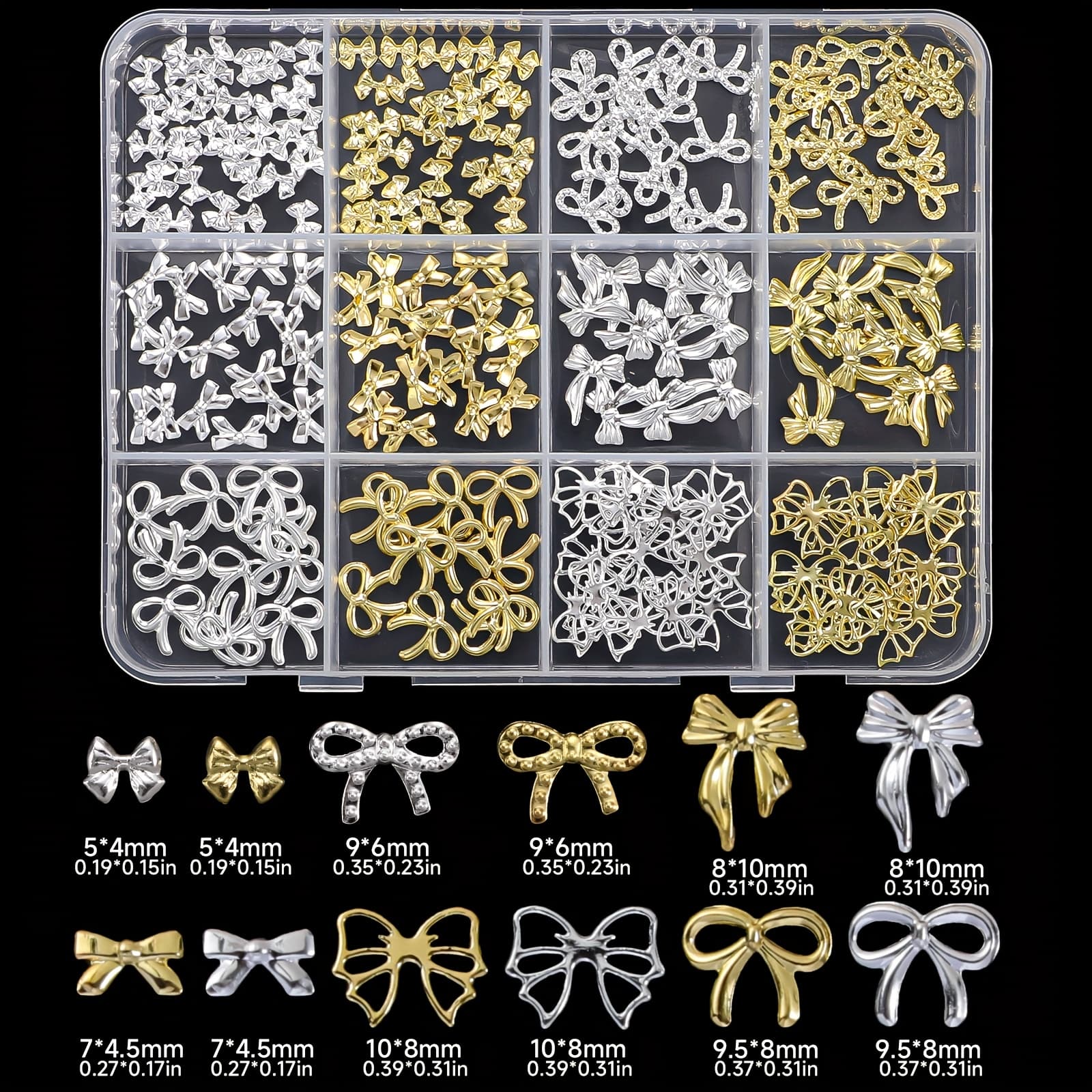 TEMU 12-slot Golden And Silvery Bow Ribbon Nail Art Rivet Decorations, Versatile Hollow Metal Nail Diy Sticker Set