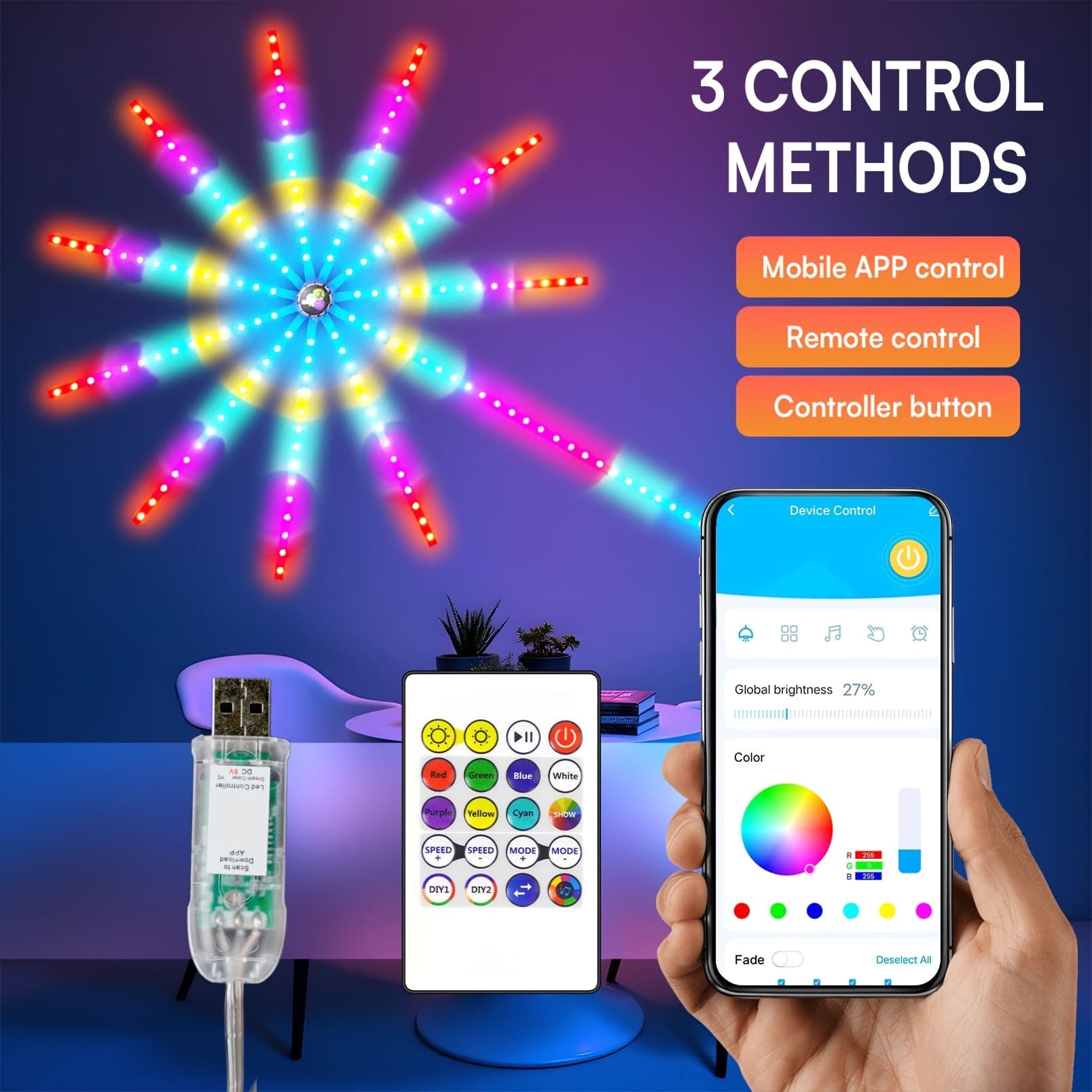 TEMU 1pack Led Fireworks Lights 20inch, Smart Lights, Supports App (with Remote Control Included), Rgb Color To , Suitable For Bedrooms And Living Rooms.