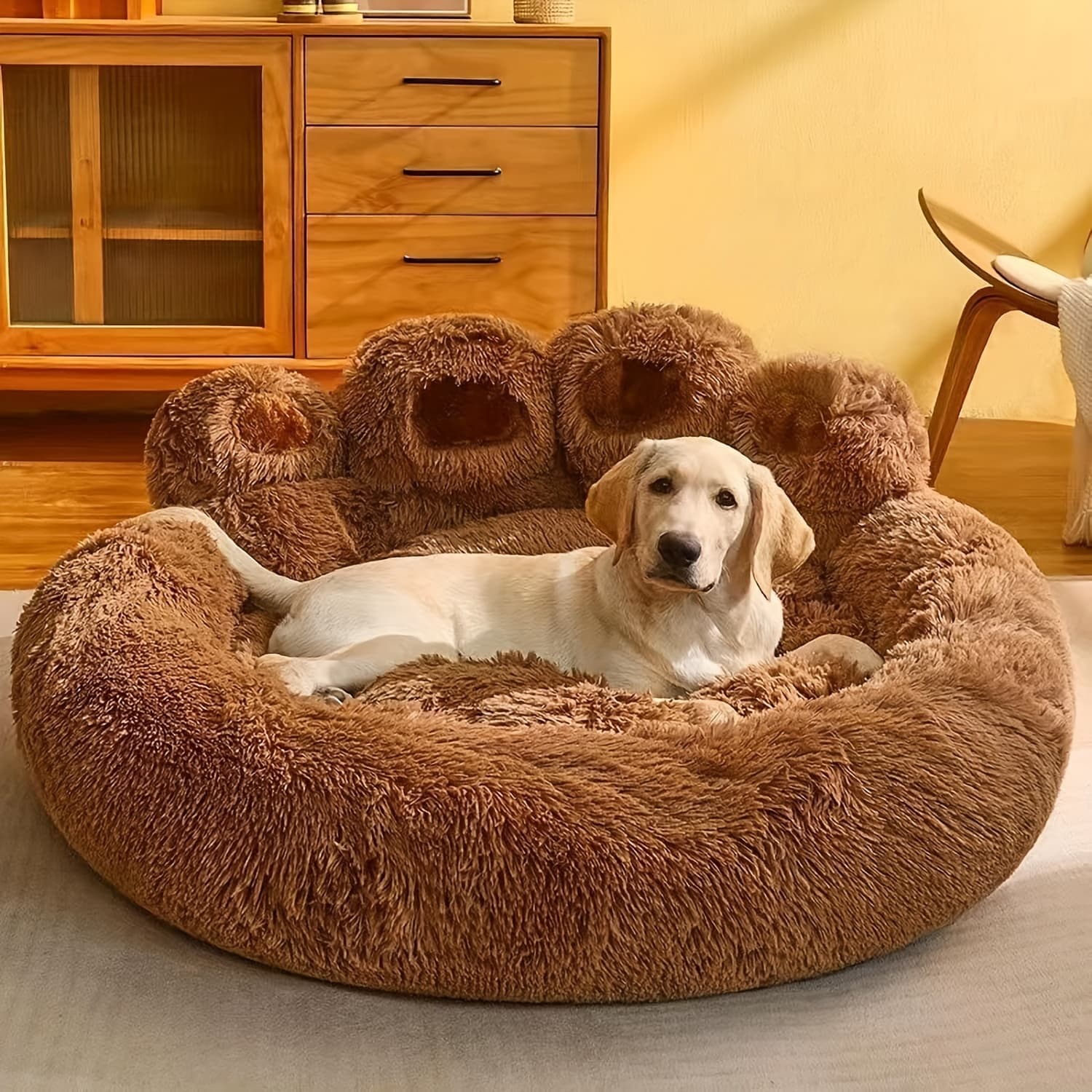 TEMU Coffee Colored Cute Shaped Dog Bed And Cat Bed, Calm Donut Pet Bed, Warm And Comfortable Soft Dog Round Mattress, Plush Cushion Bed With A Pet Scarf
