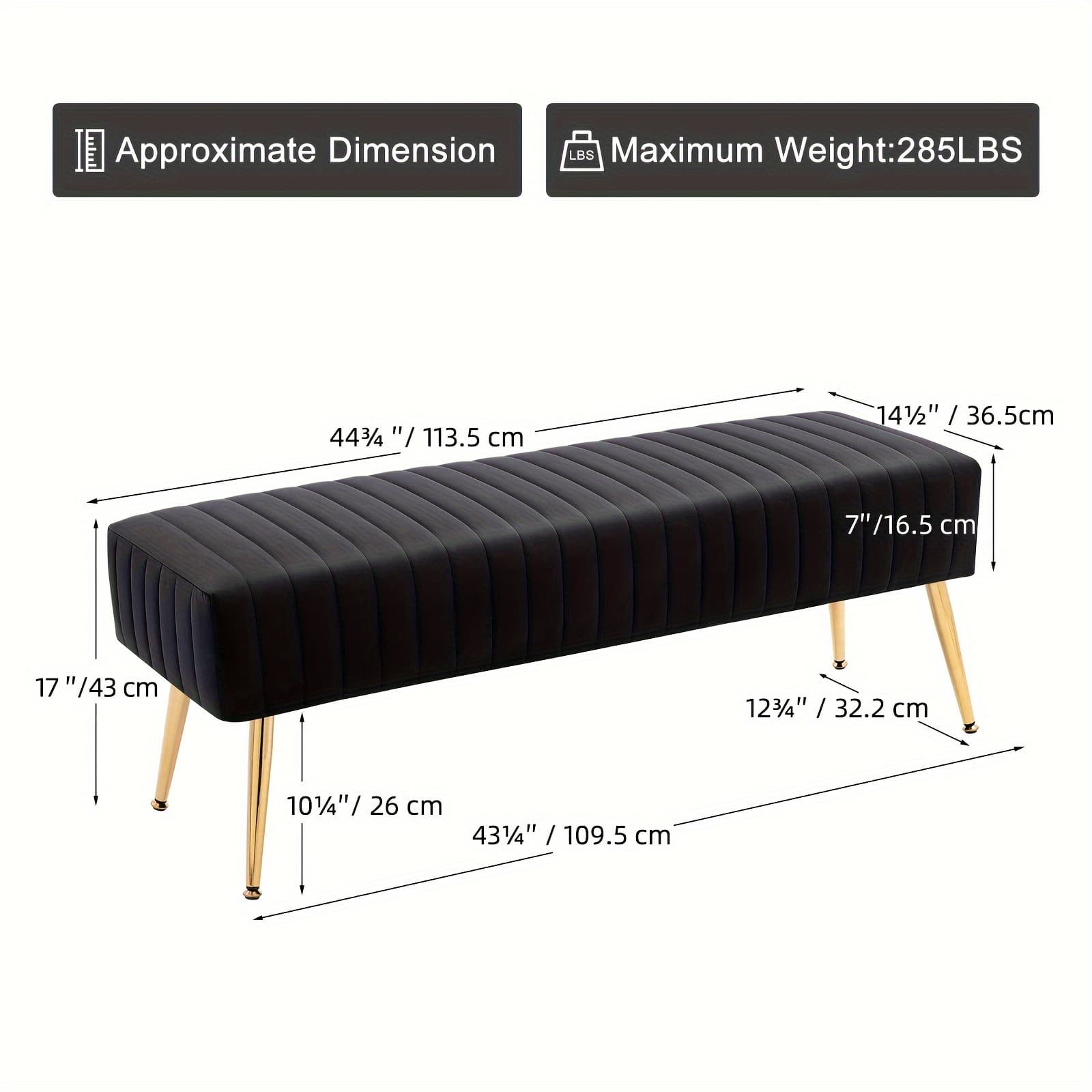 TEMU Luxury Shoe Changing Bench With Gold-plated Legs & Velvet - 44-inch Bedside Entryway Furniture, Sturdy Frame, Footrest, Step Stool For Bedroom End Or Door - Elegant Storage Bench For Decor