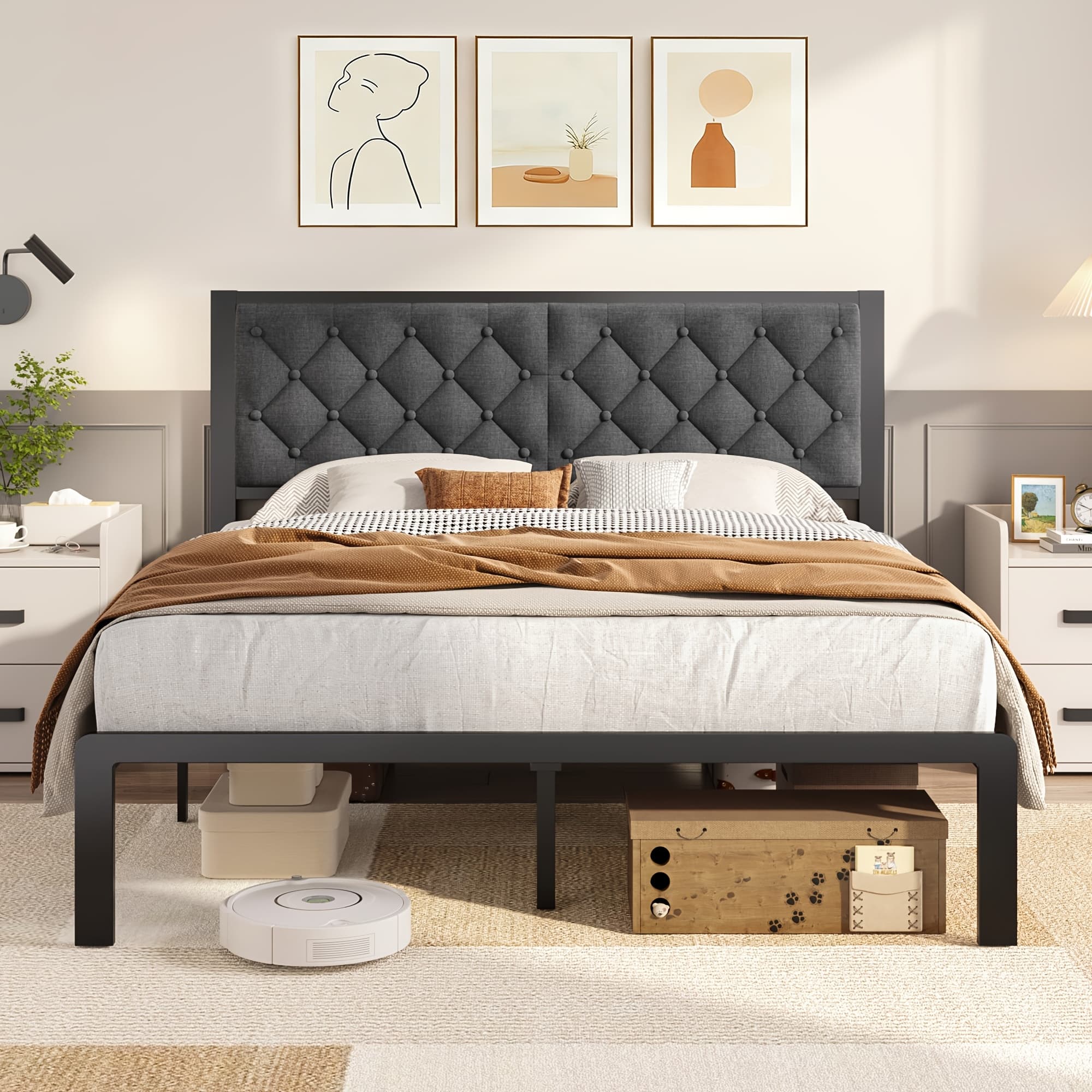 TEMU Bed Frame With Headboard, Fabric Upholstered Bed Frame Platform, All Metal Slats Support Platform Bed Frame With Storage Space, Easy Assembly, , Spring Needed, Twin, Full, Queen