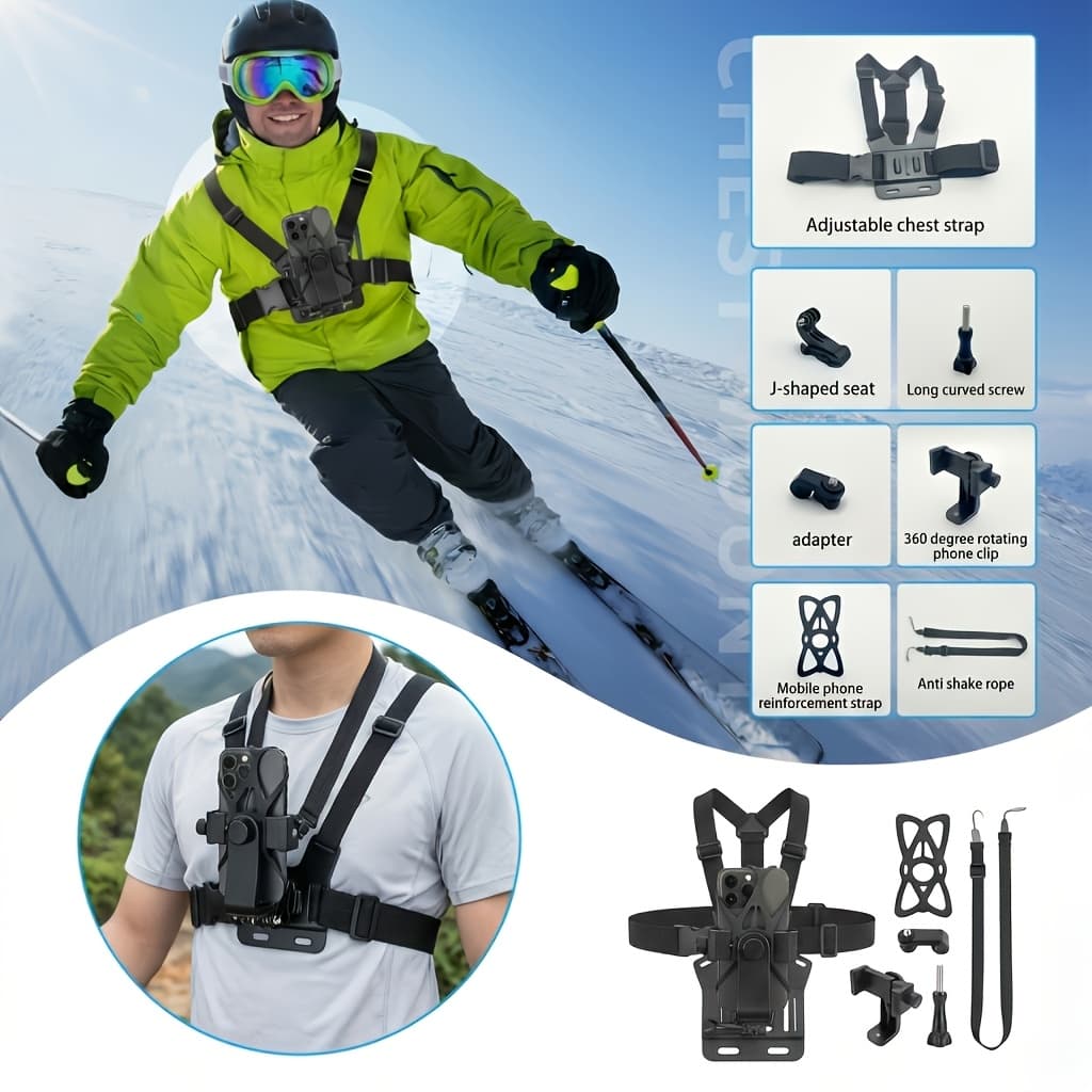 TEMU Adjustable Chest Mount Phone Holder Wire Harness - Compatible With Iphone, , , Action Cameras - Black Upholstered Design For Cycling, Kayaking, Fishing, Skateboarding Pov/vlog Recording,