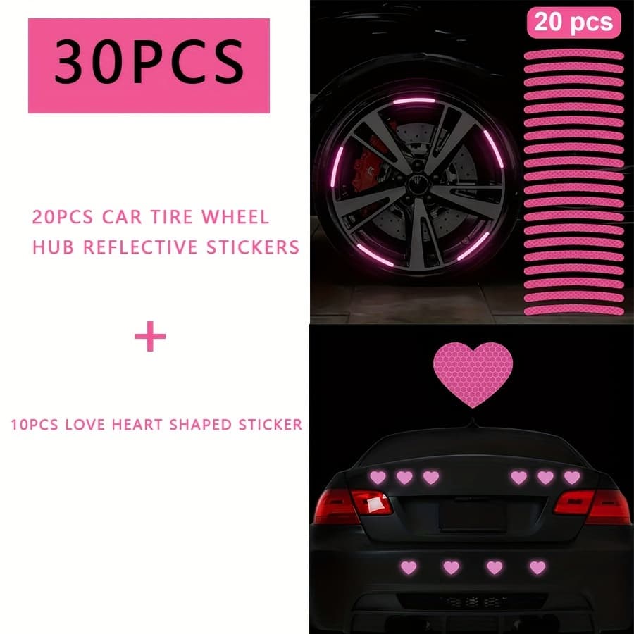 TEMU 30pcs Pink Reflective Car Decal Set - Vinyl Wheel Rim Stickers + Heart-shaped Luminous Stickers For Car Decoration, Motorcycle, Bicycle - Glitter End Vinyl Decals