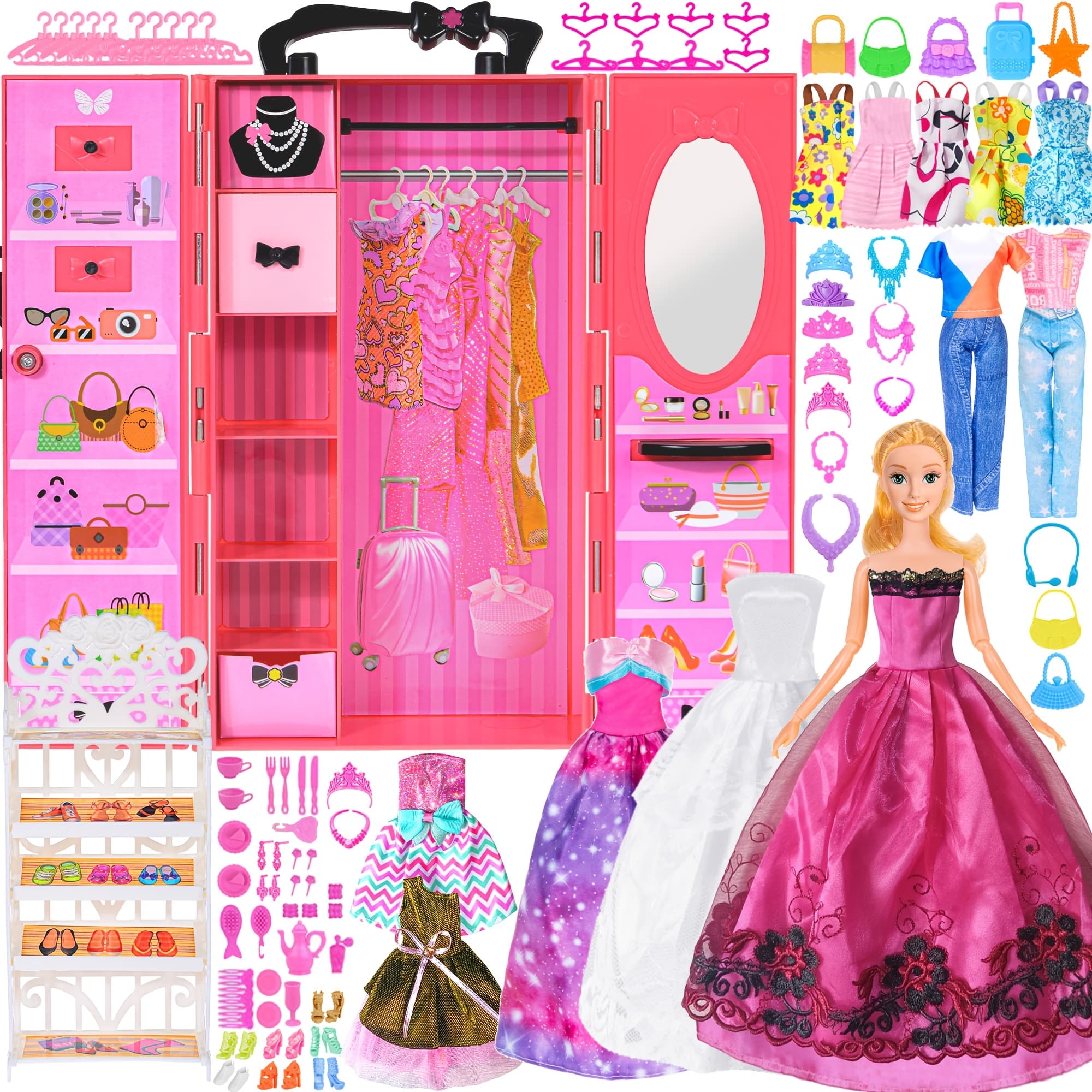 TEMU 140pcs 11.5 Inch Girl Doll Closet Fashion Diy Wardrobe With Clothes And Accessories Including Doll, Wardrobe, Wedding Dress, Shoes, Necklace, Bags And More ( Doll)