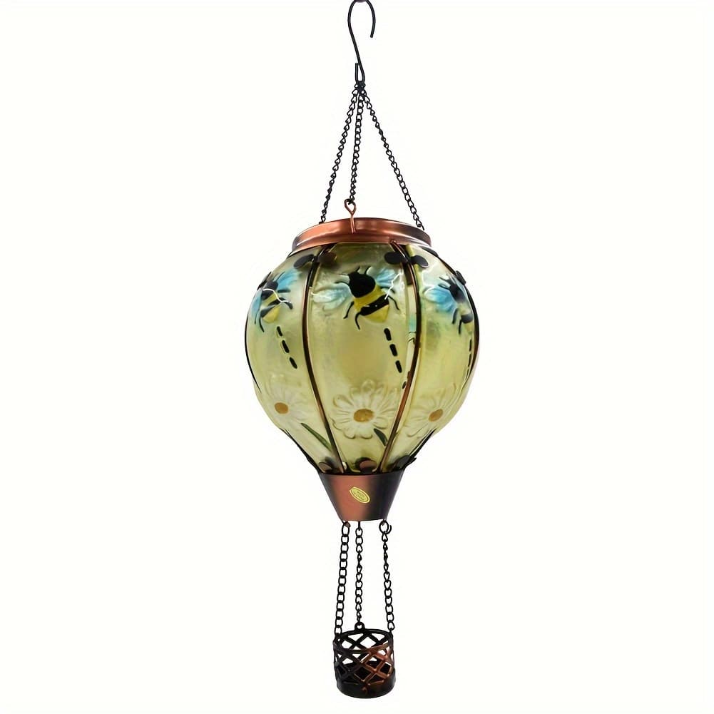 TEMU 1pc Bee Stained Glass Hot Air Balloon Hanging - Outdoor Garden With Beehive & , Stained Glass Window For, Balcony, Decor, Solar Wind Operated (no)