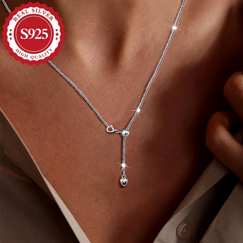 TEMU Sterling Silvery S925 Heart Pendant Necklace For Women, Style, Adjustable, Lightweight