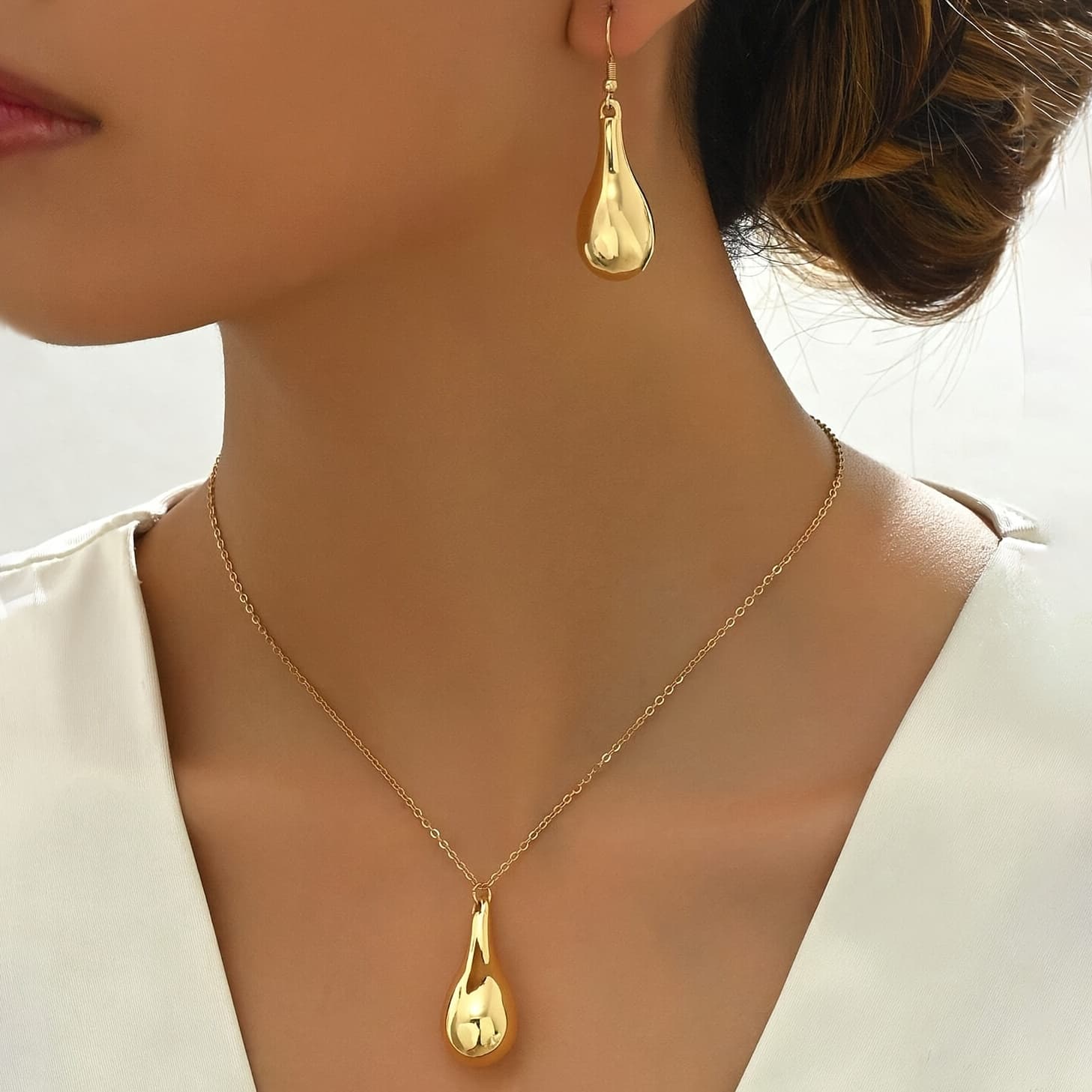 TEMU 1pc Necklace And 1 Pair Earrings, Easy Oval Teardrop Geometric Fashion Women's Jewelry Suitable For Daily All-match And Gifting