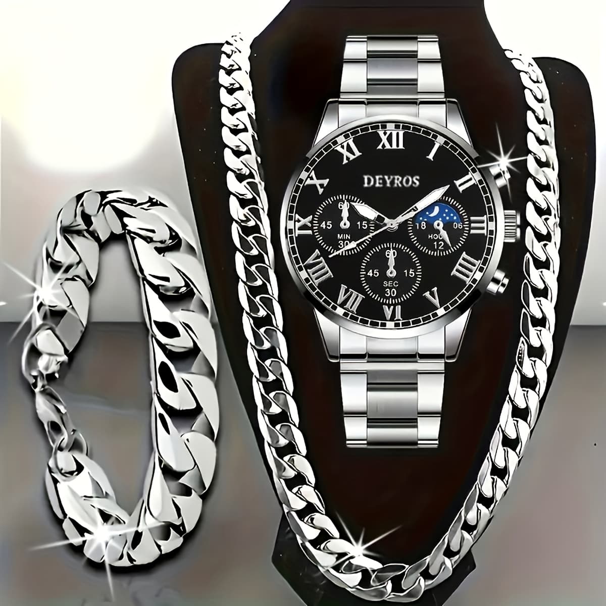 TEMU Set Of 3 Men' Steel - Business Chronograph Quartz Watch With Coordinating Necklace And Bracelet, Function, Perfect For Professional And Formal Events, Great Gift Idea
