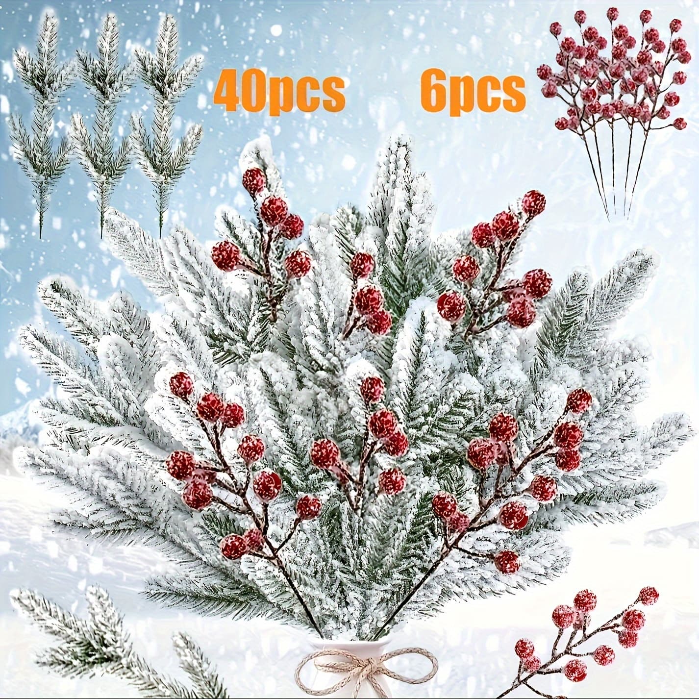 TEMU 40 Pcs Artificial Pine Needles 6 Pcs Branches Garland Pine Needles Snow Covered Style Christmas Picks Fake Christmas Greenery For Diy Garland Wreath Home Garden Decor