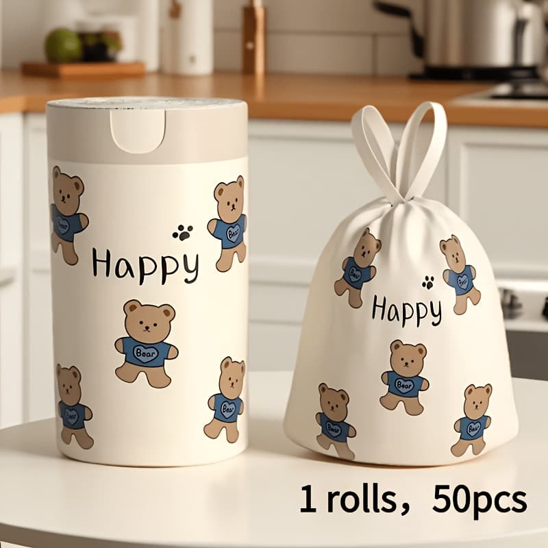 TEMU 1/2 Rolls, 50/100pcs Cute Bear Trash Bags - Thickened Large Size 4 Gallon Heavy-duty Disposable Bags With Drawstring Closure, Kitchen, Bathroom, Bedroom
