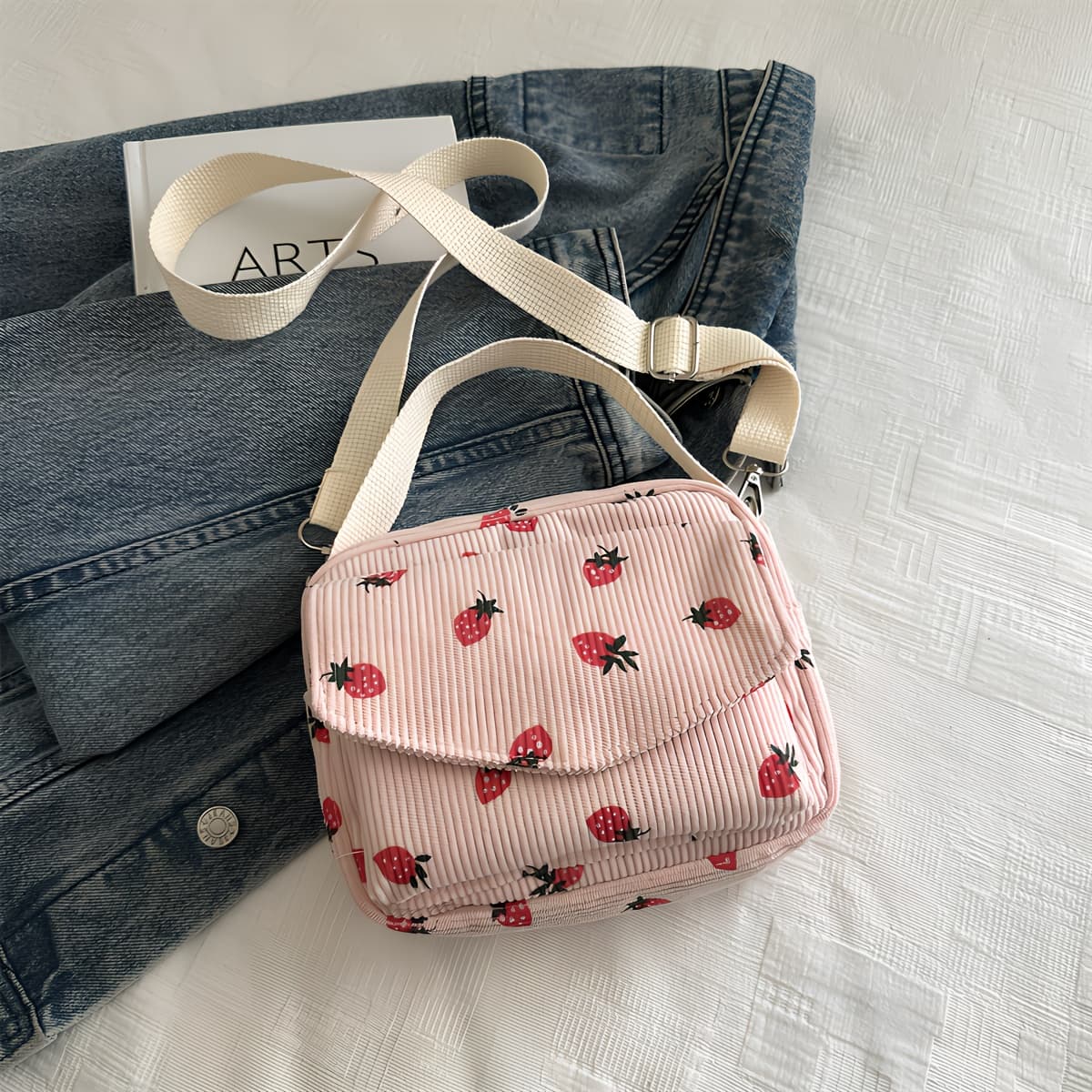 TEMU Corduroy Cute Strawberry Print Crossbody Bag, Versatile Corduroy Small Square Bag For , Portable Handbag Shoulder Bag, Christmas Holiday Gift For Wife Or Girlfriend, Storage Pouch