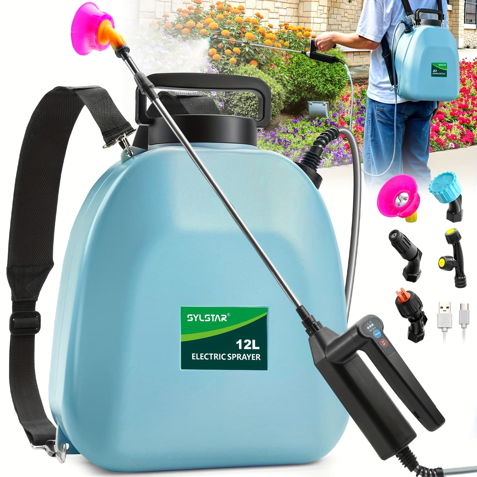 TEMU 12l Electric Pressure Sprayer With 3 Spray Settings, Featuring 5 Mist Nozzles And A 7.4v Motor For Performance, Ideal For Gardening, Weed Control, And Watering